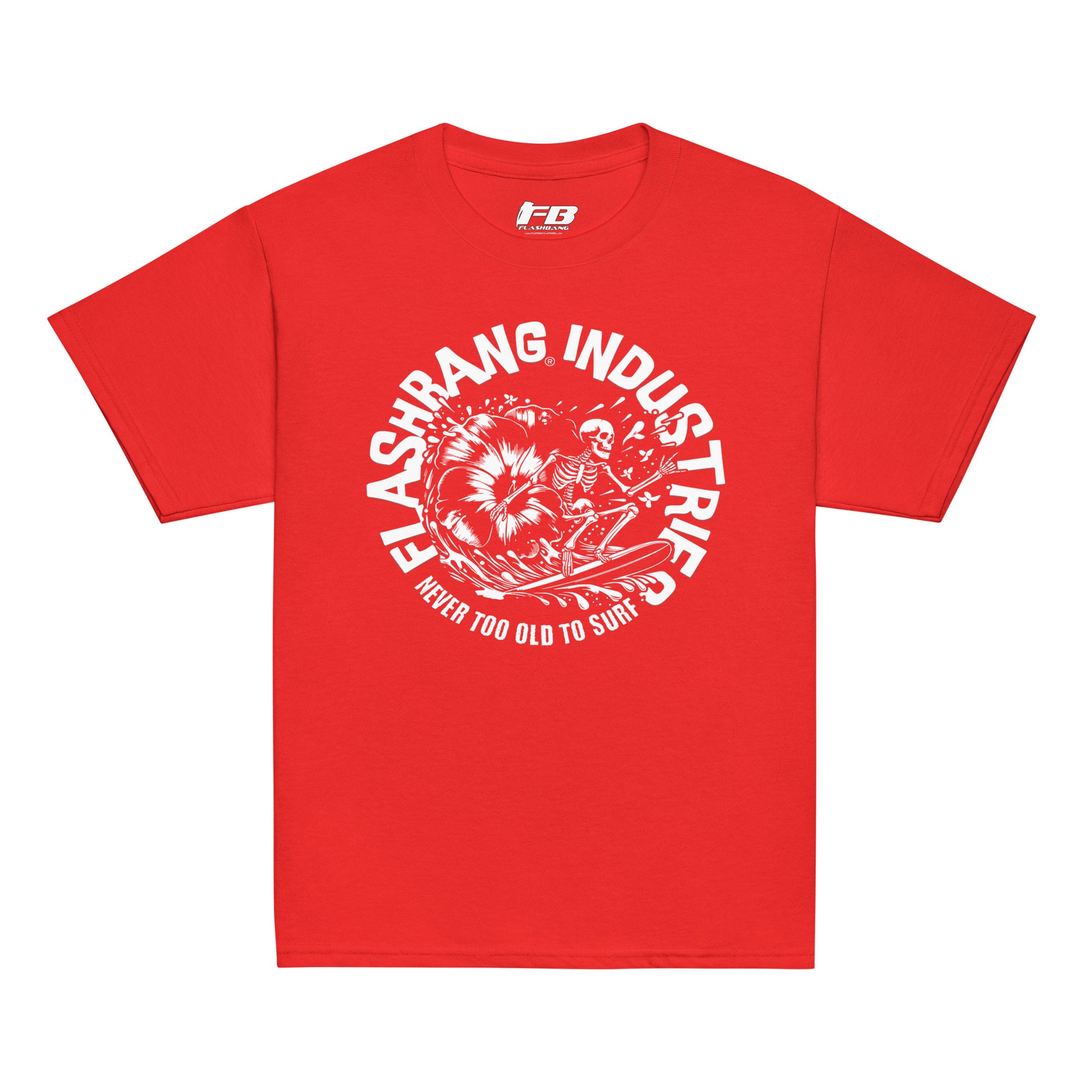Red t-shirt with white graphic and text on a white background