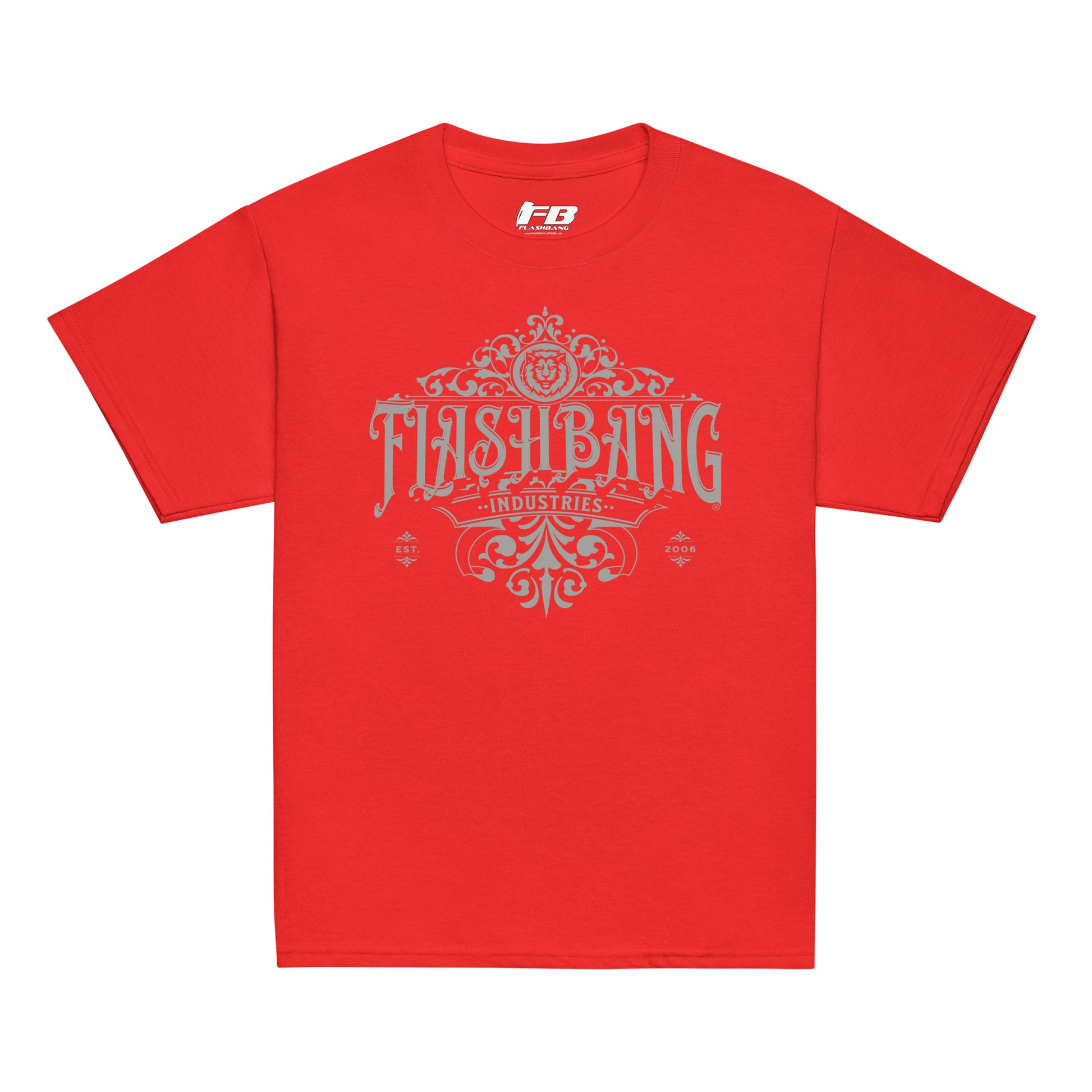 Red t-shirt with 'Flashbang Industries' graphic on a white background