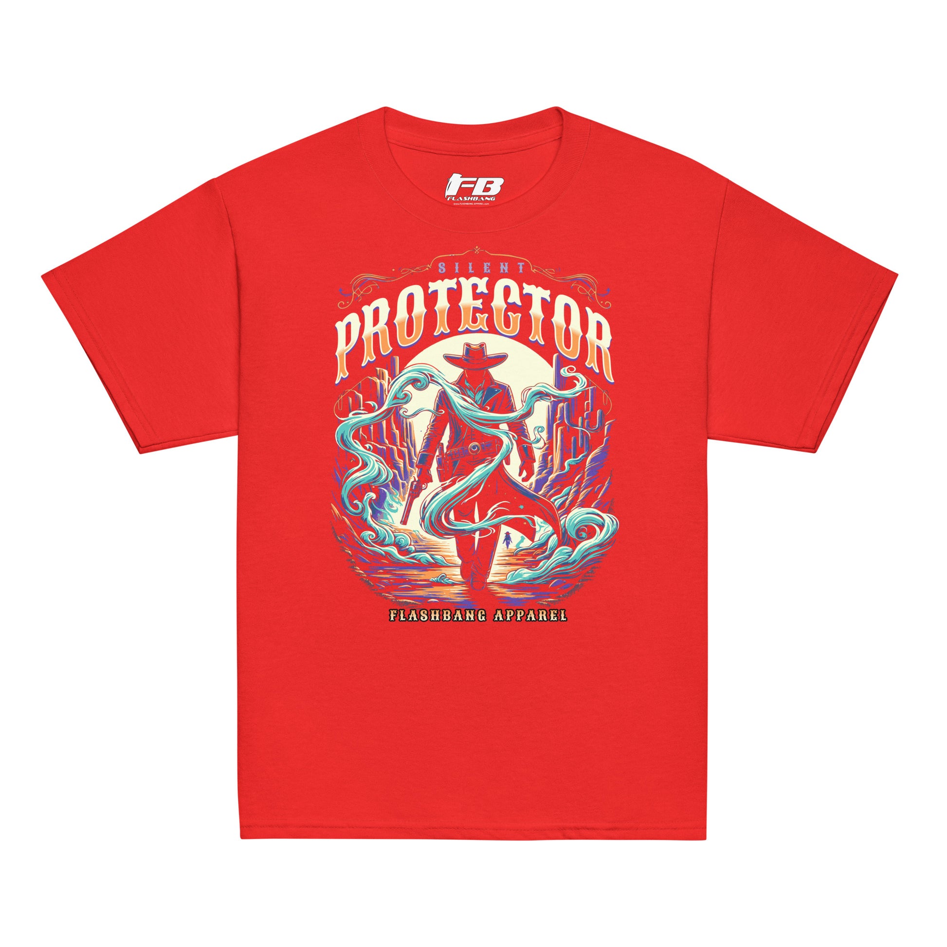 Red t-shirt with a colorful graphic design on a white background