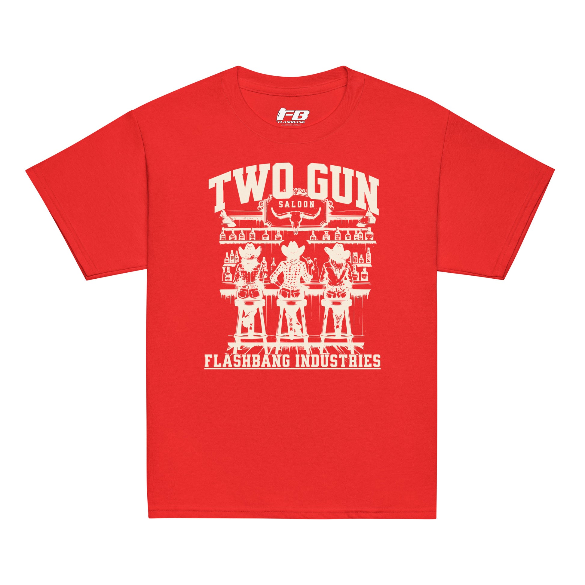 Red t-shirt with white graphic design and text on a white background