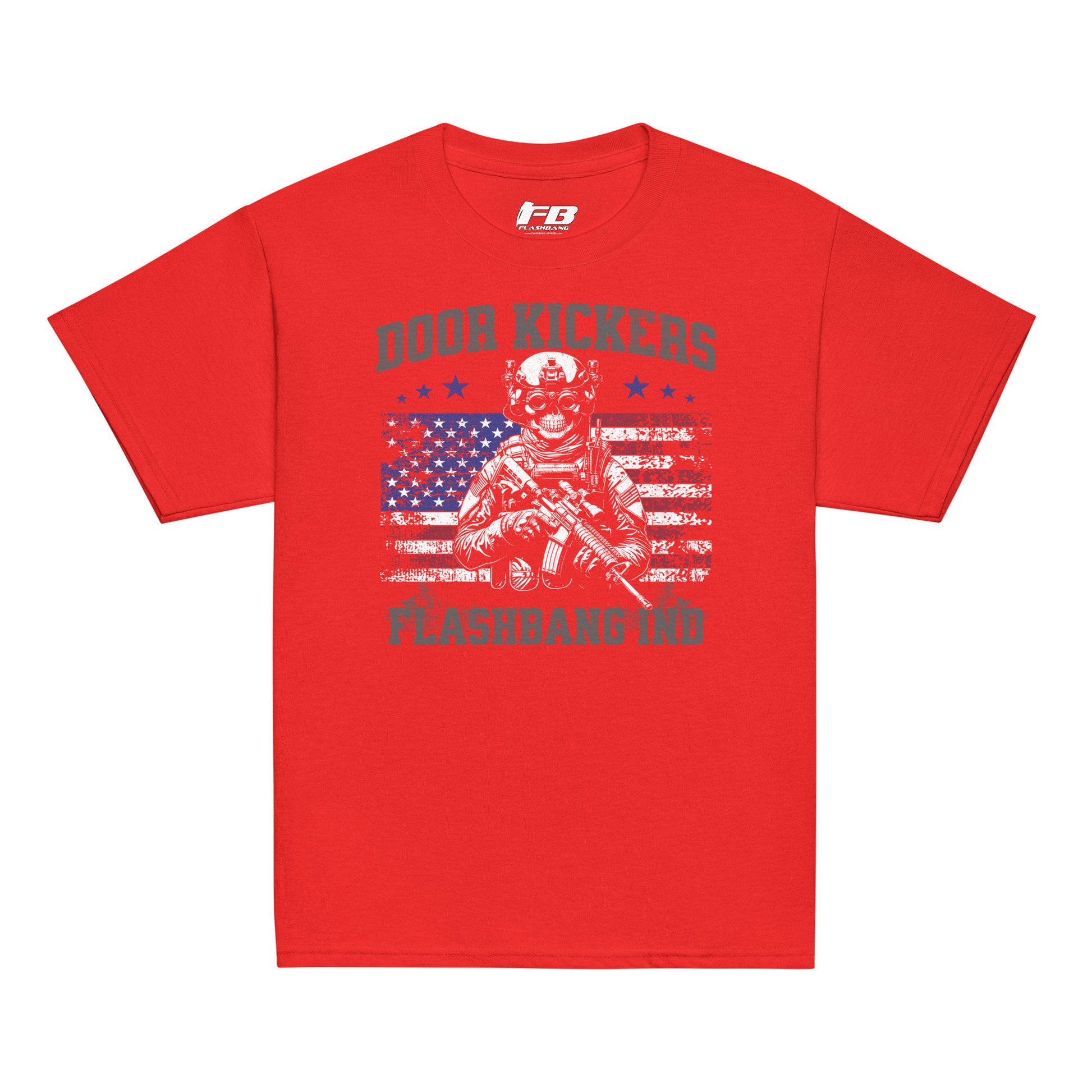 Red t-shirt with graphic design and text on a white background