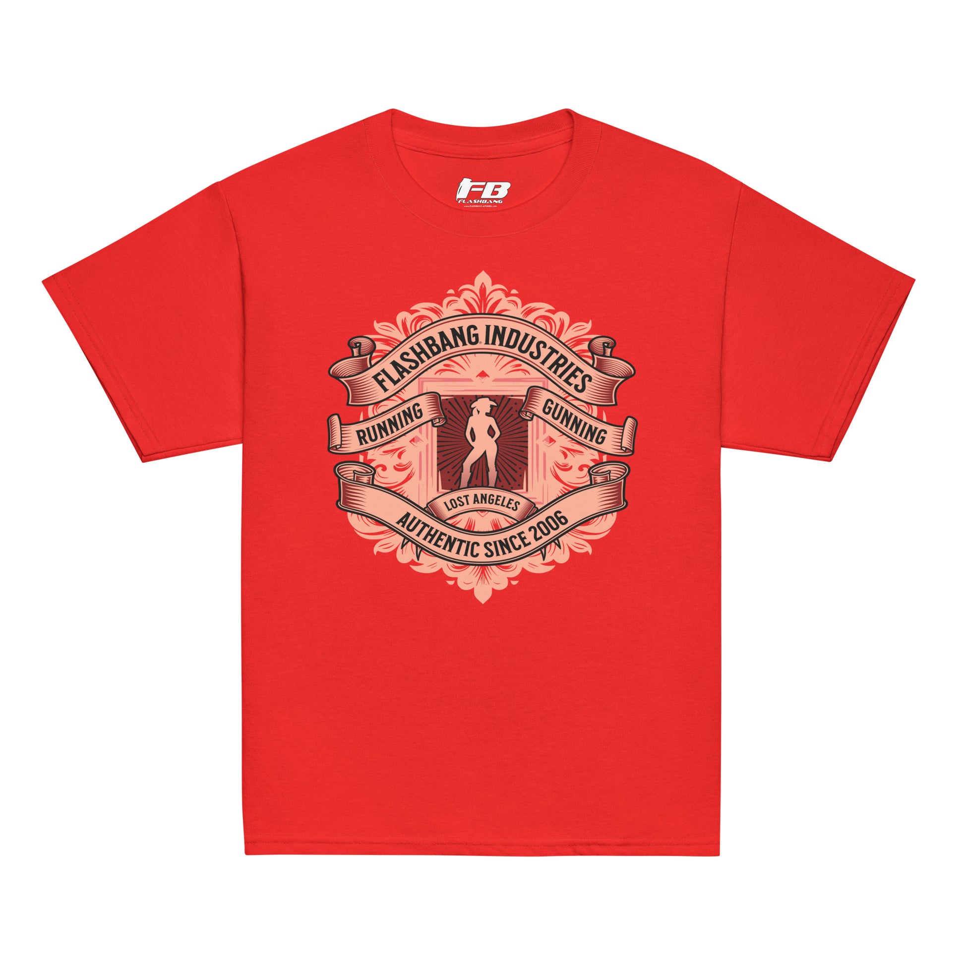 Red t-shirt with graphic design and 'Flashbang Industries' text on a white background