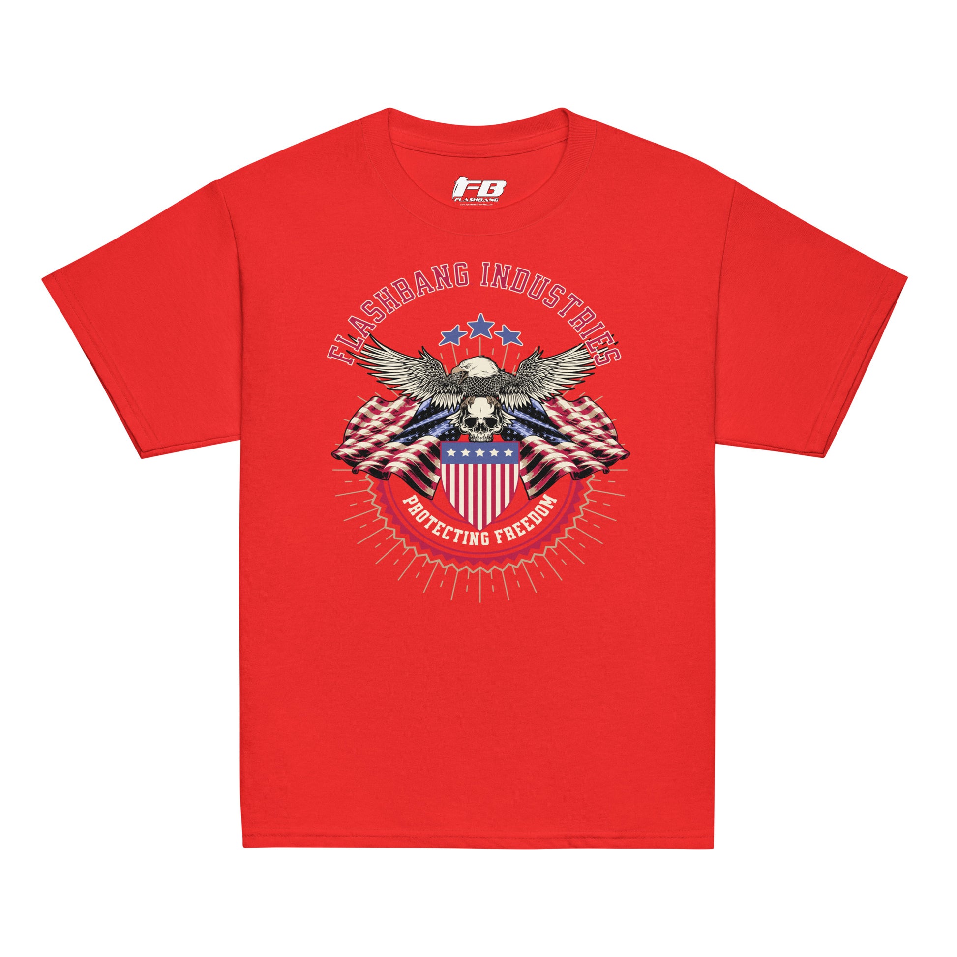 Red t-shirt with an eagle and American flag graphic on a white background