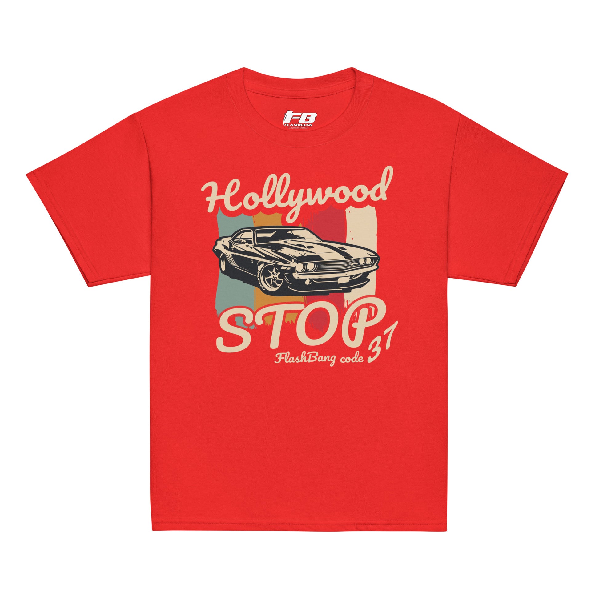 Red t-shirt with vintage car graphic and text on a white background