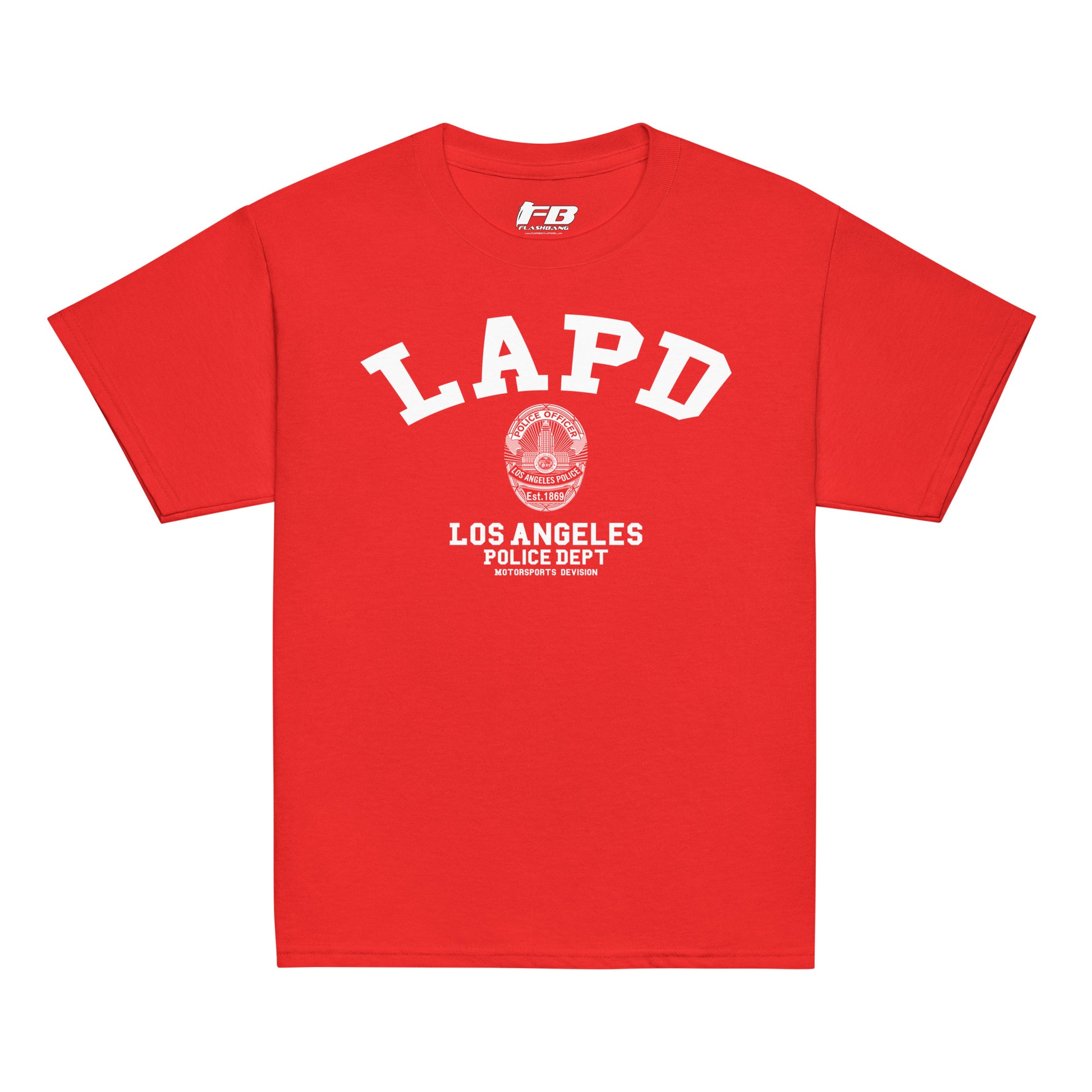 Red t-shirt with LAPD Los Angeles Police Dept logo on a white background