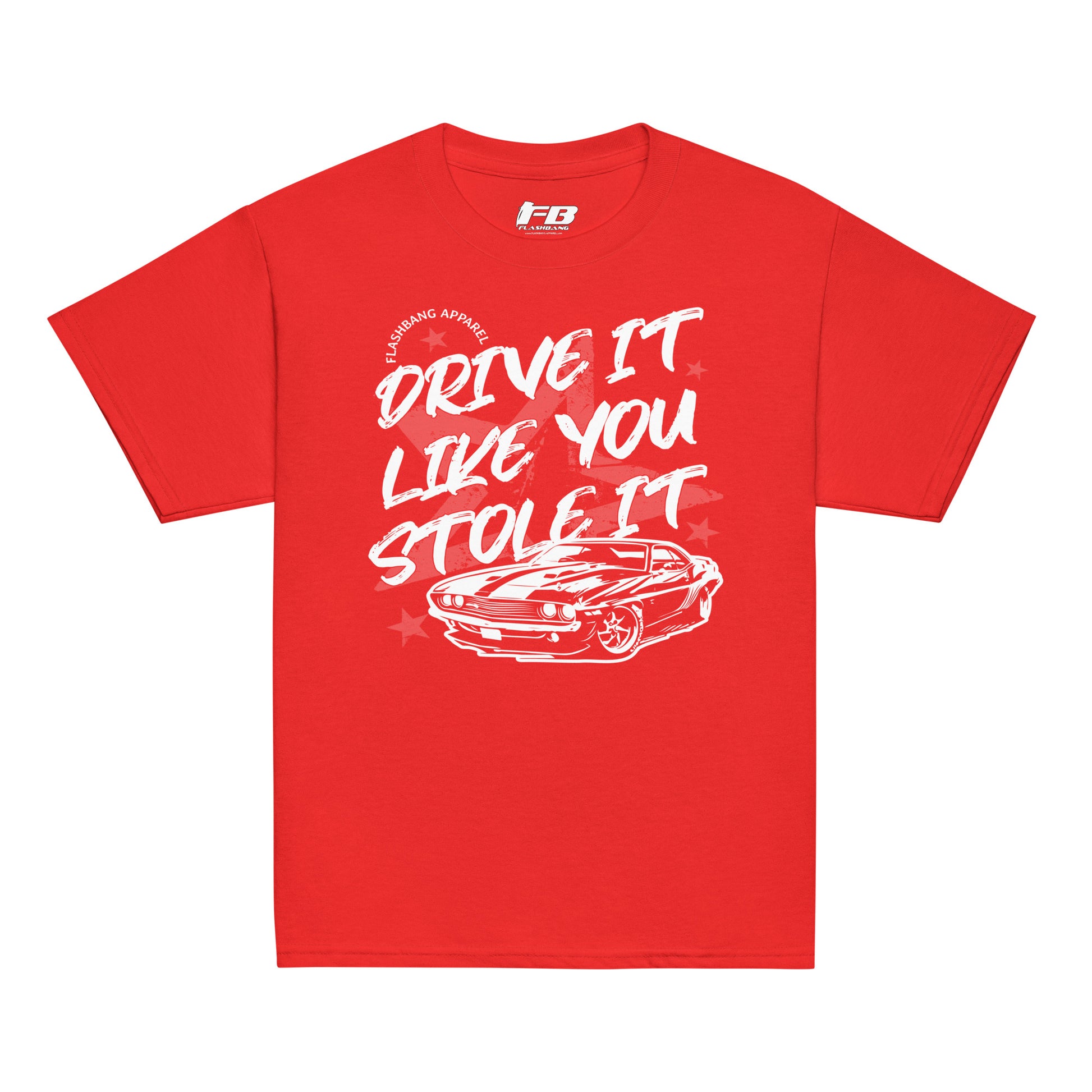 Red t-shirt with white graphic and text on a white background