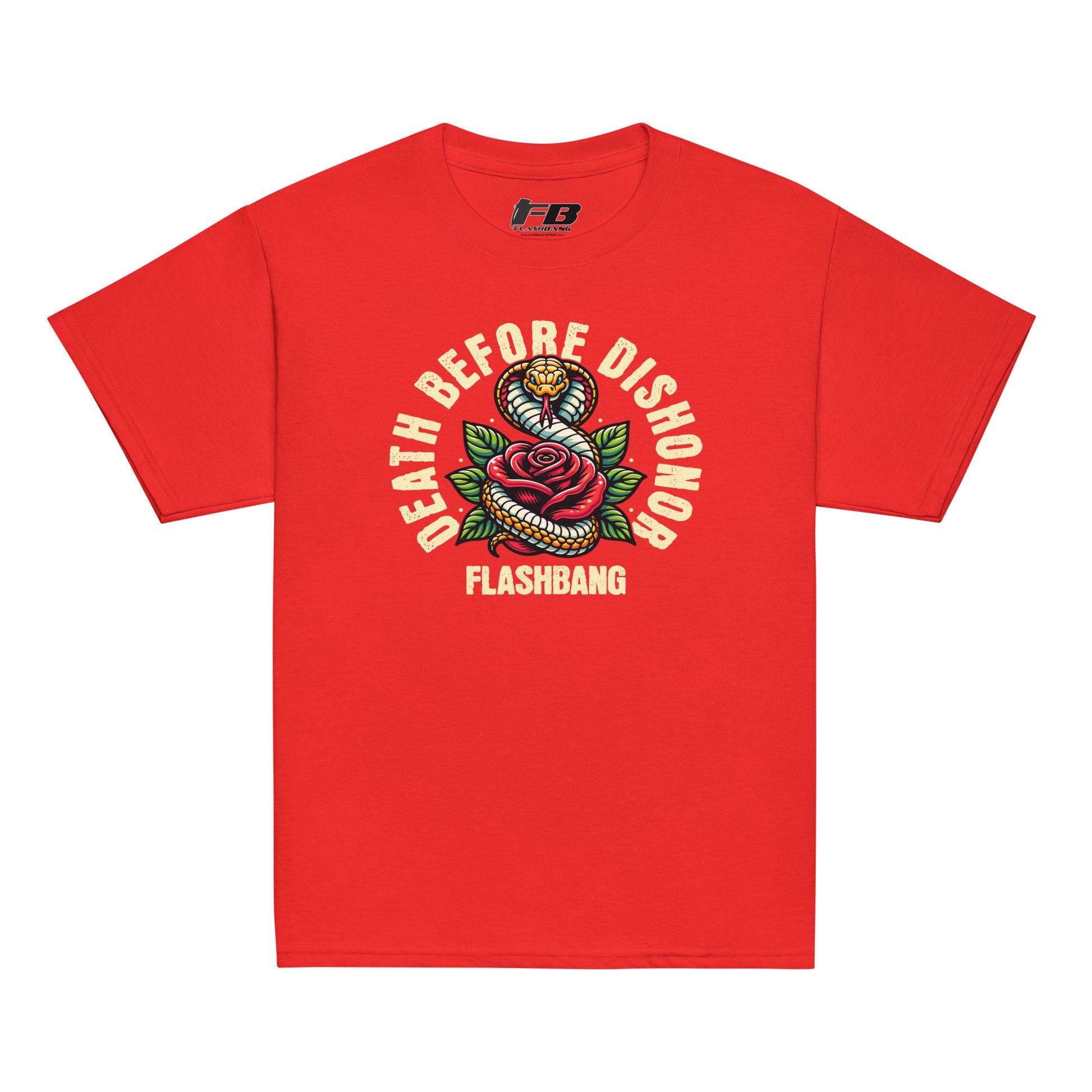 Red t-shirt with snake and rose graphic and 'Death Before Dishonor' text on a white background