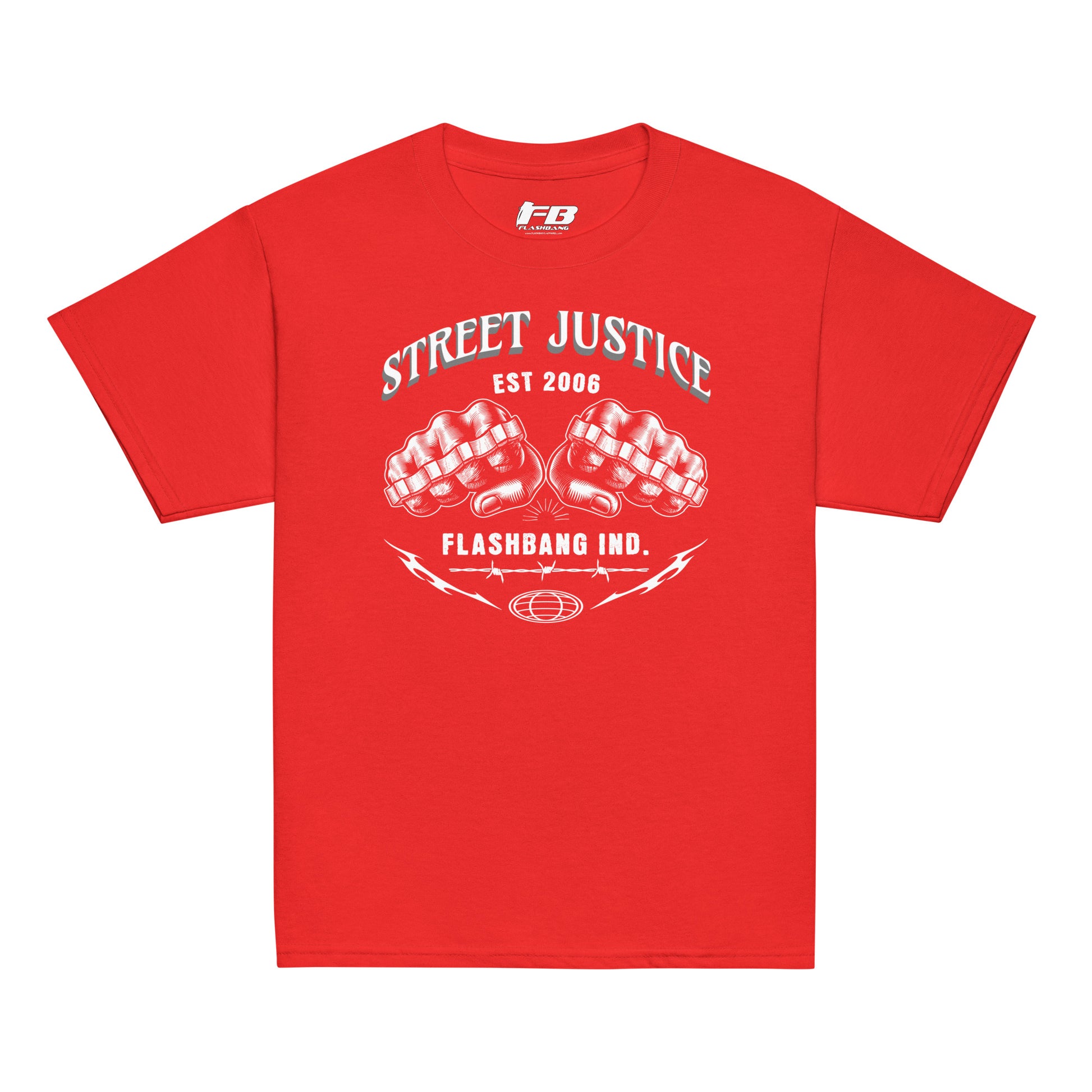 Red t-shirt with 'Street Justice' and 'Flashbang Ind.' text on a white background