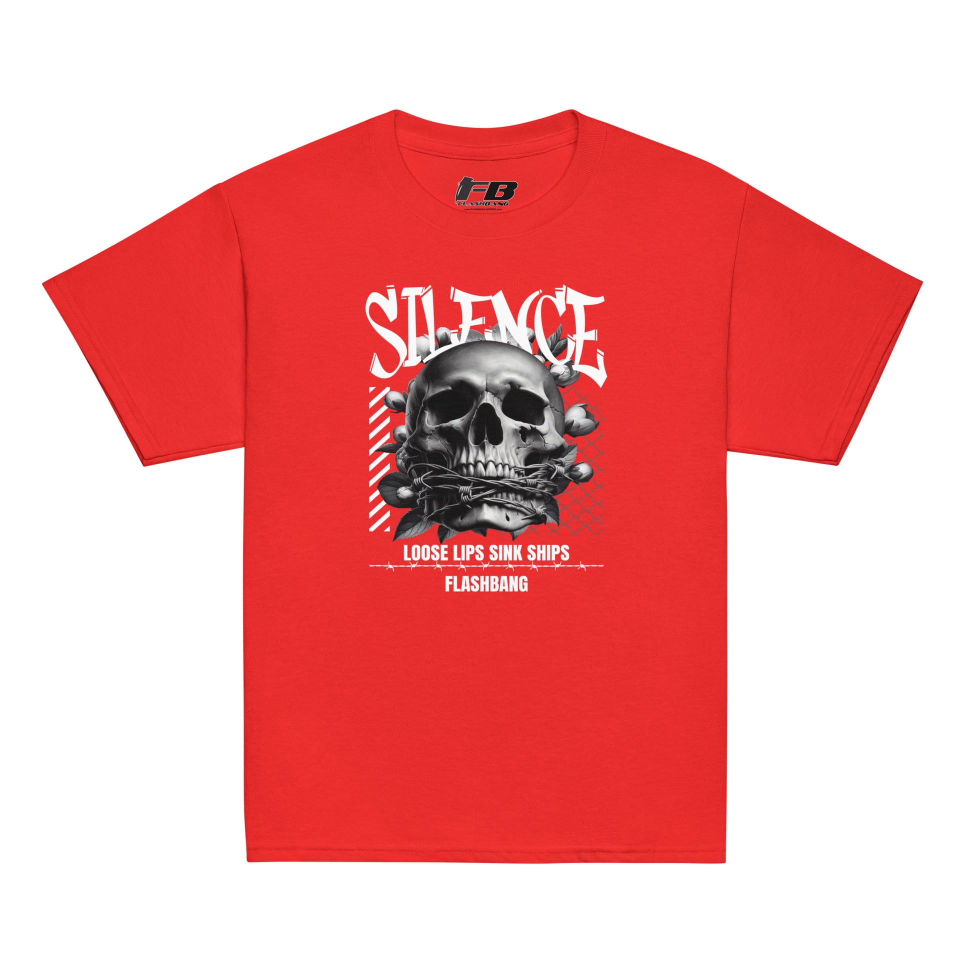 Red t-shirt with a graphic design featuring a skull and text on a white background