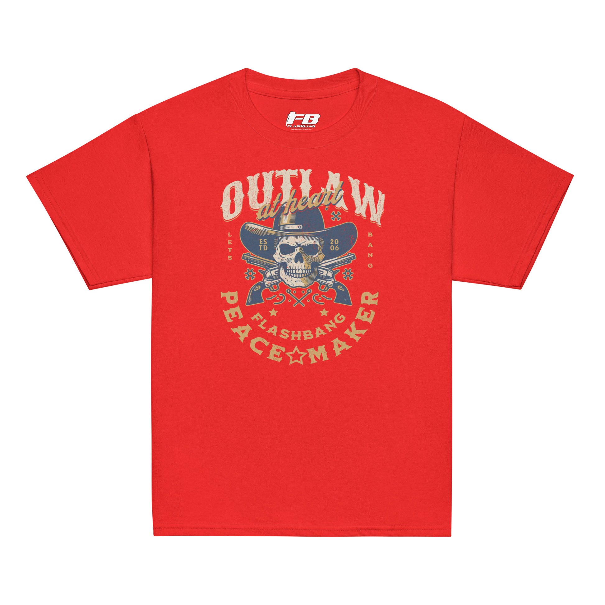 Red t-shirt with a graphic design featuring a skull and text on a white background