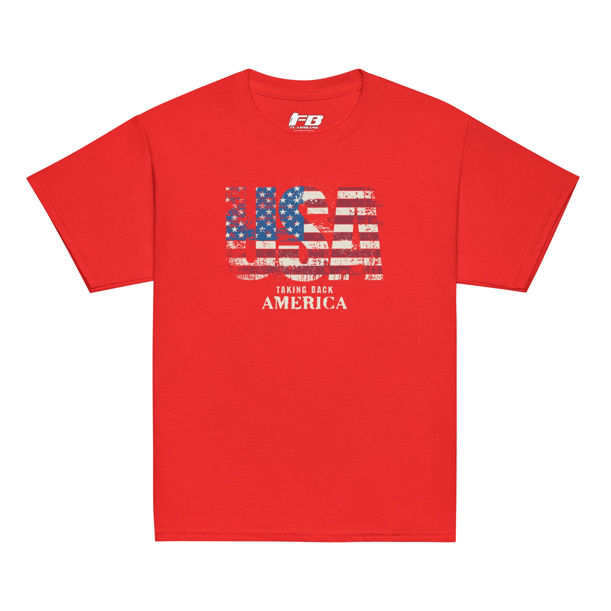 Red t-shirt with graphic design and text on a white background