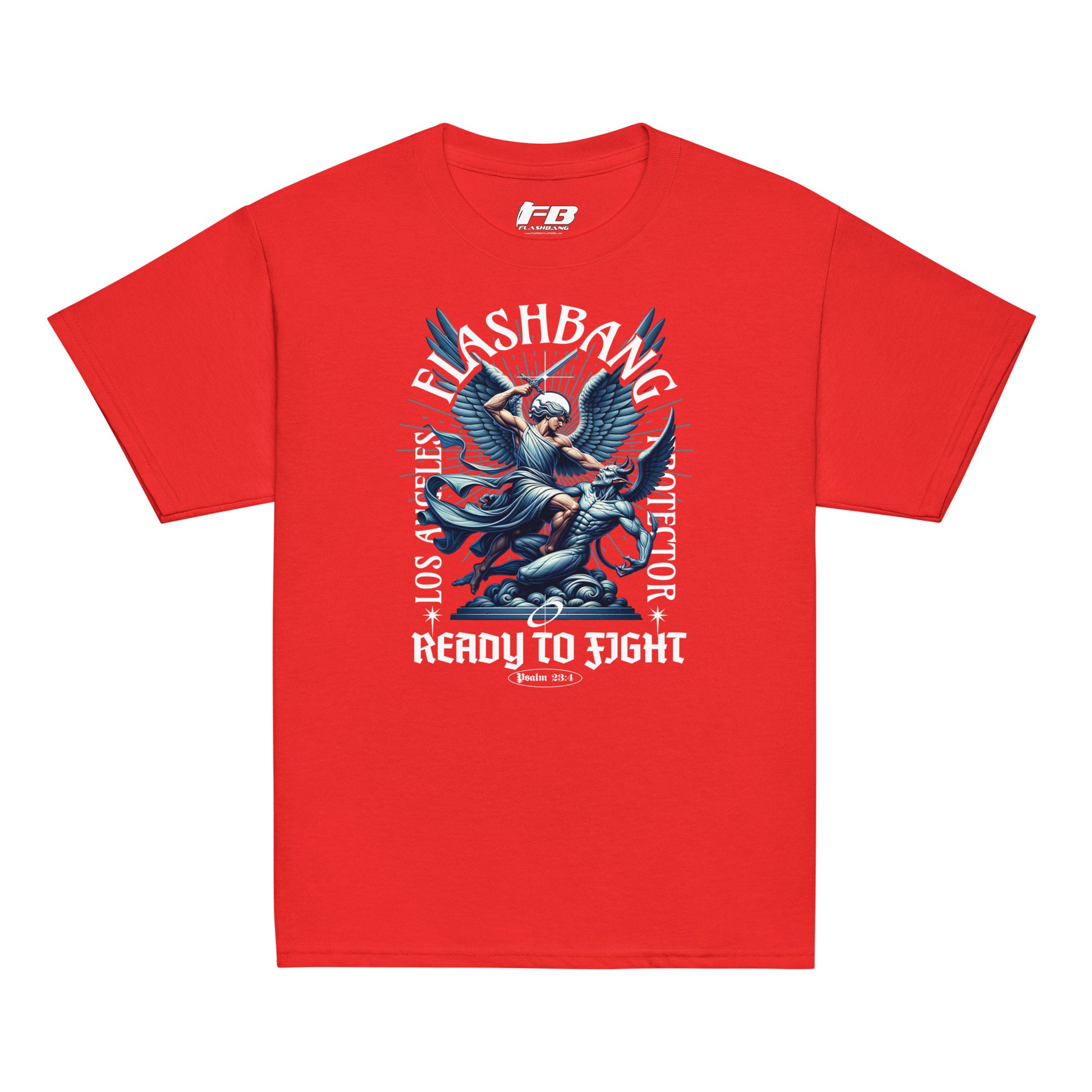 Red t-shirt with graphic design featuring an angel and text on a white background