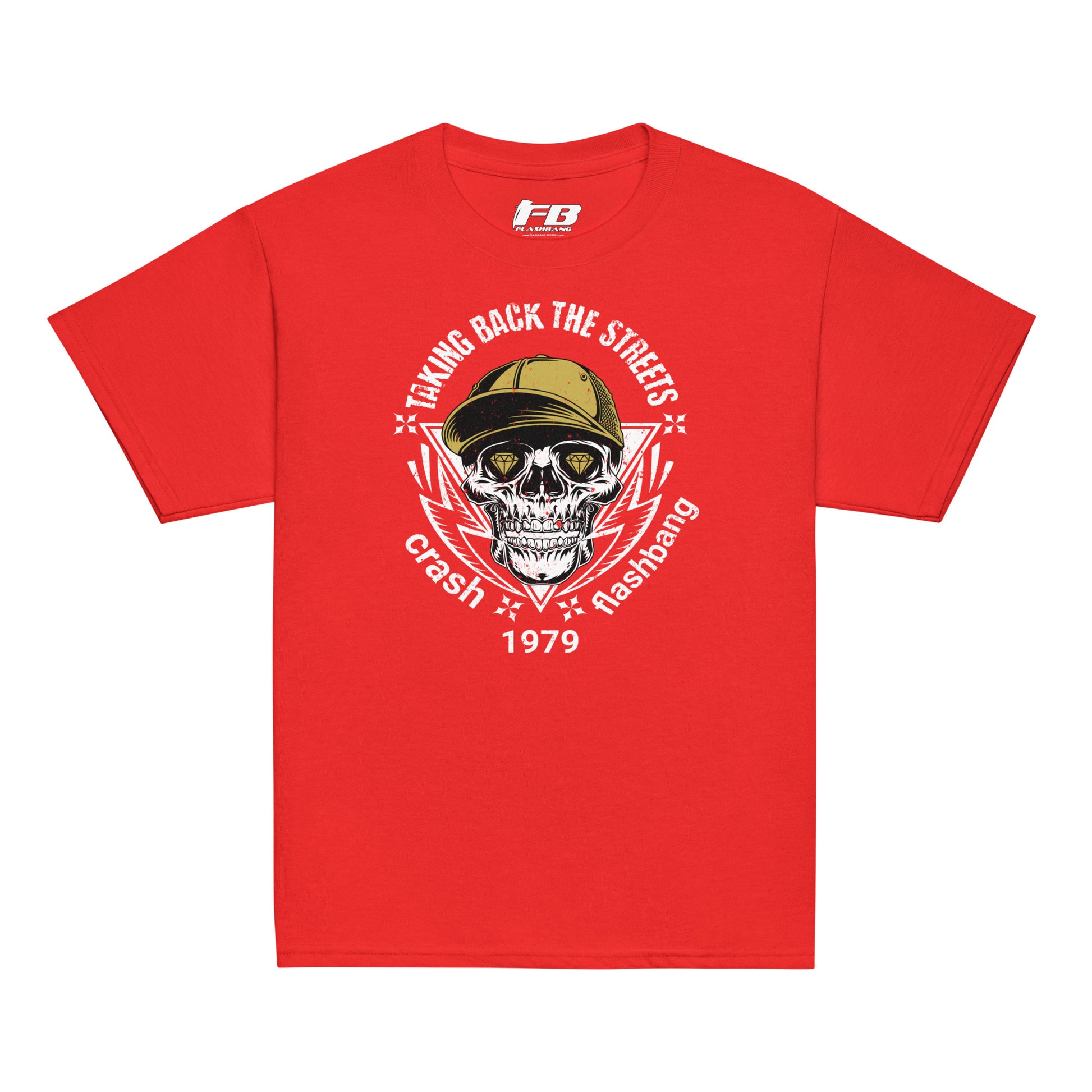 Red t-shirt with a skull graphic and text on a white background