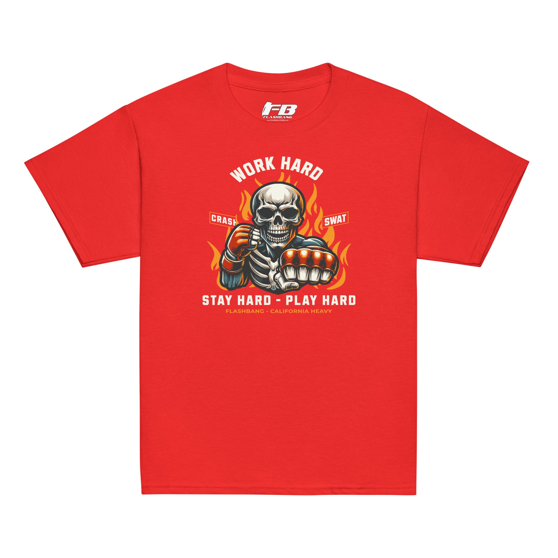 Red t-shirt with a graphic design featuring a skeleton and text on a white background