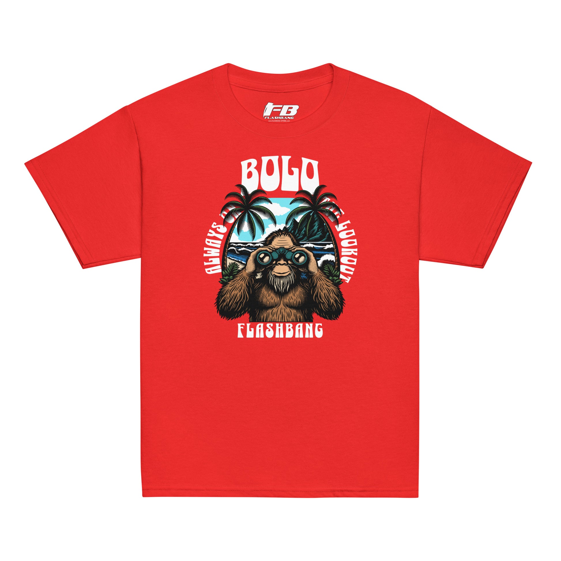 Red t-shirt with a graphic design of a sloth and text on a white background