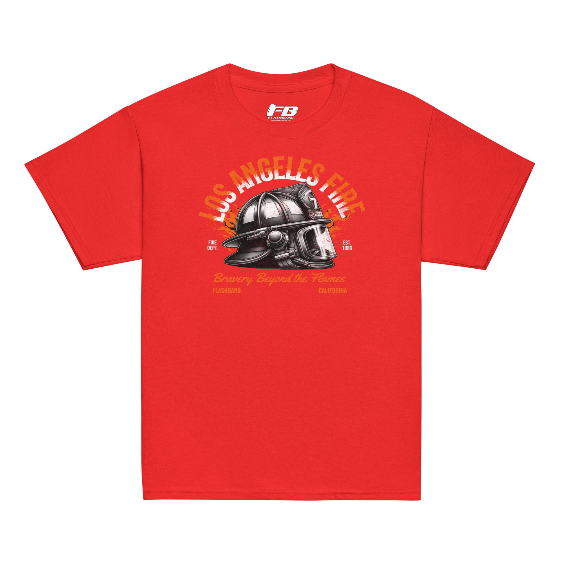 Red t-shirt with a graphic of a fire helmet and 'Los Angeles Fire' text on a white background