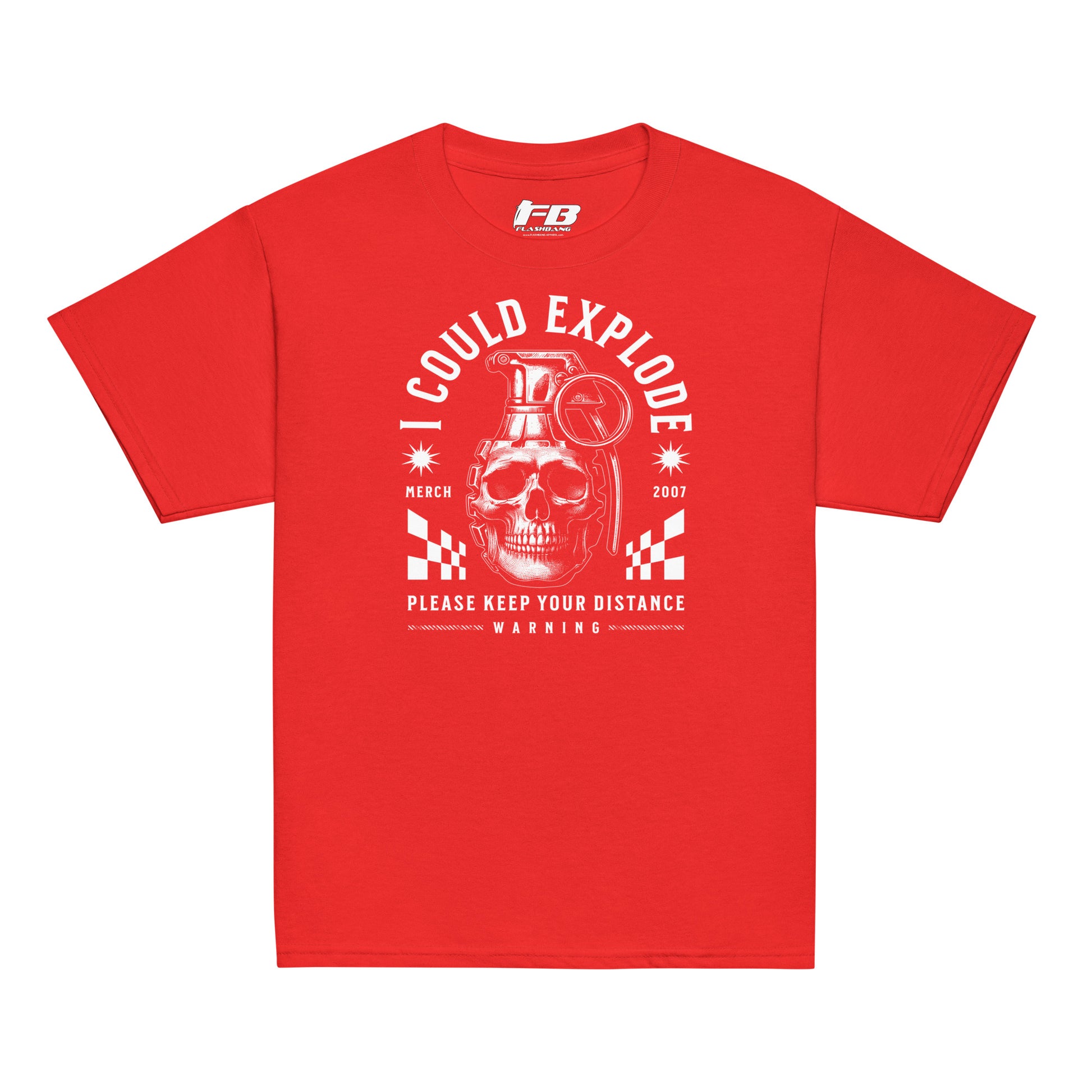 Red t-shirt with a graphic design featuring a skull and text on a white background