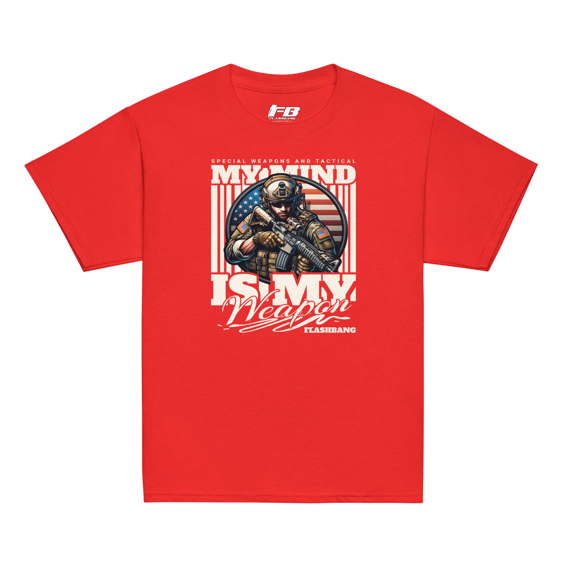 Red t-shirt with graphic design featuring a soldier and text on a white background