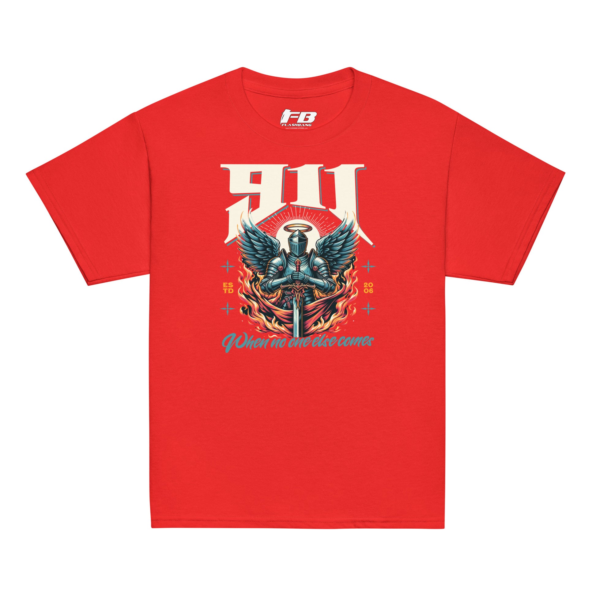 Red t-shirt with graphic design and text on a white background