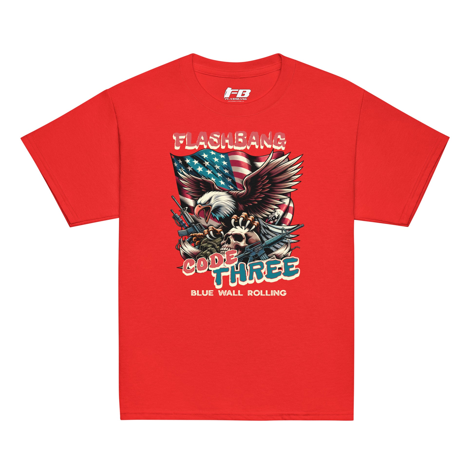 Red t-shirt with graphic design featuring an eagle, American flag, and text on a white background