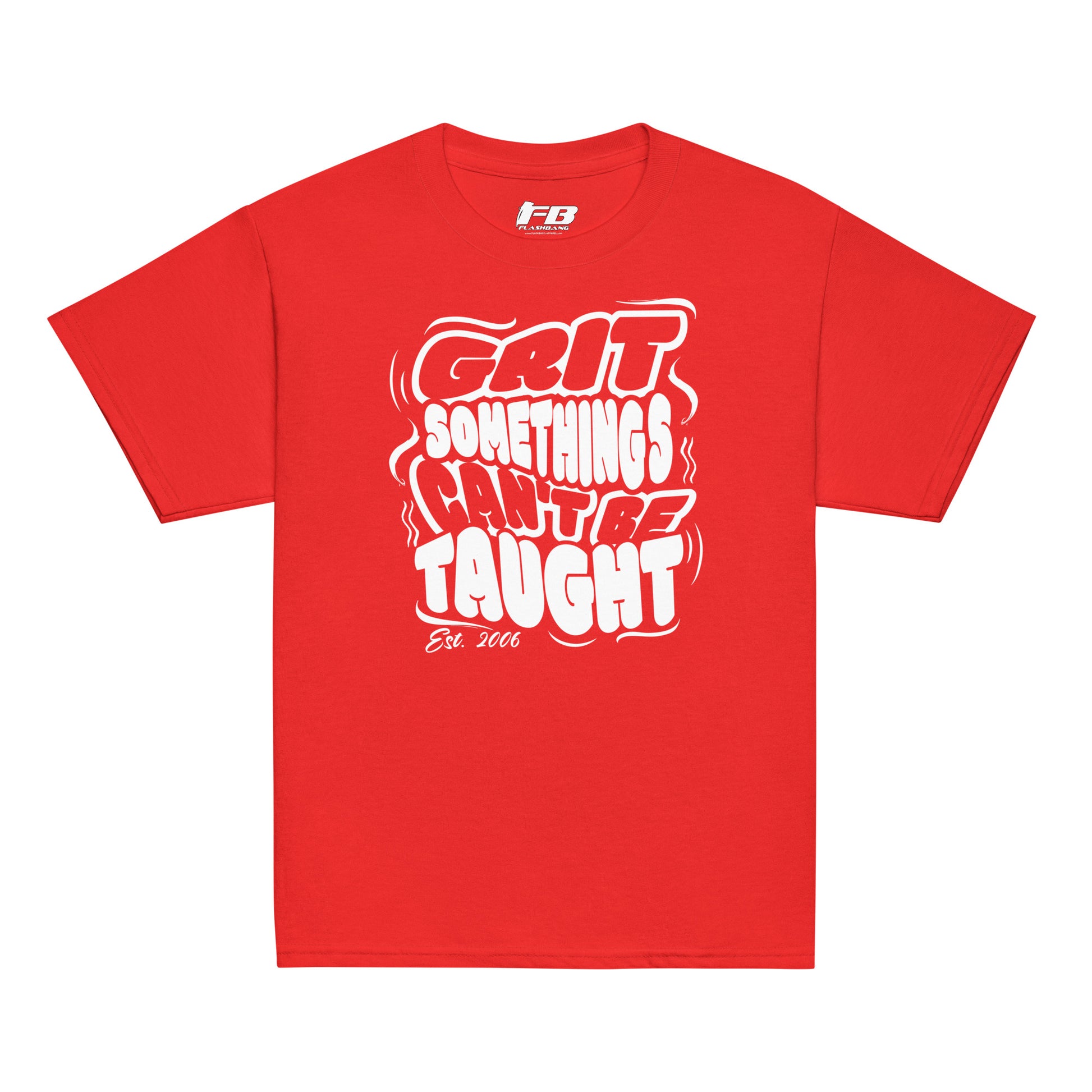 Red t-shirt with white text on a white background