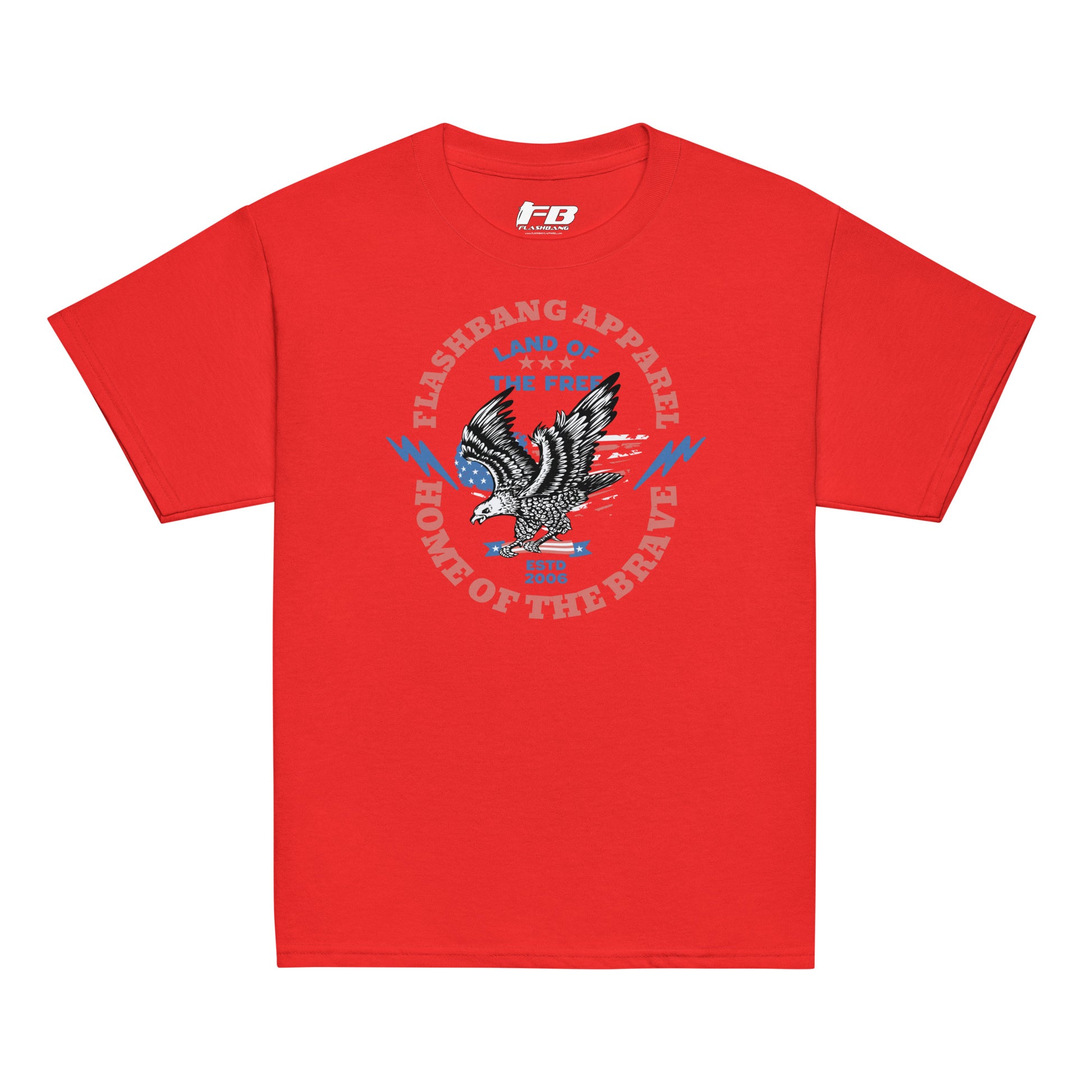 Red t-shirt with eagle graphic and text on a white background