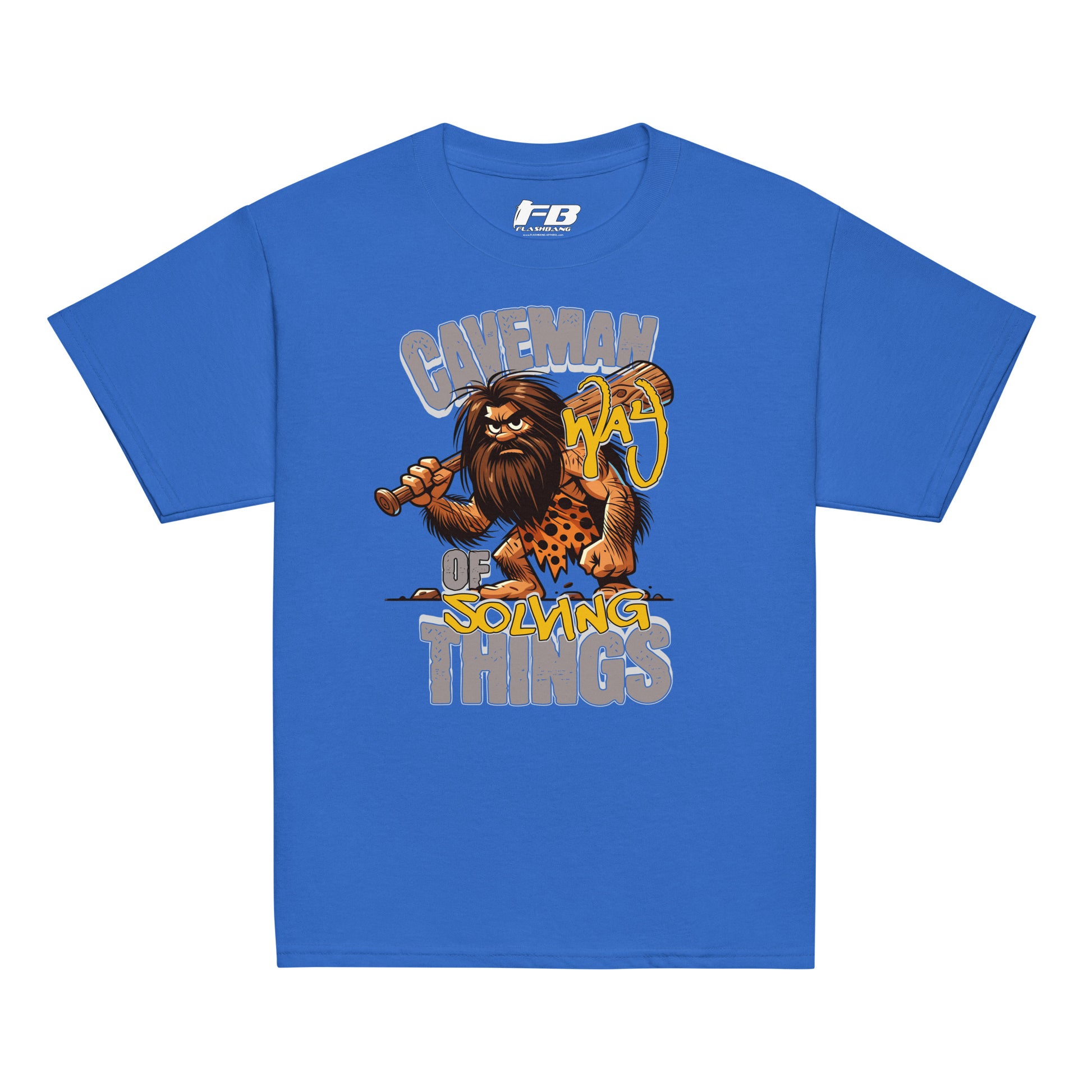 Blue t-shirt with a cartoon caveman design and text on a white background
