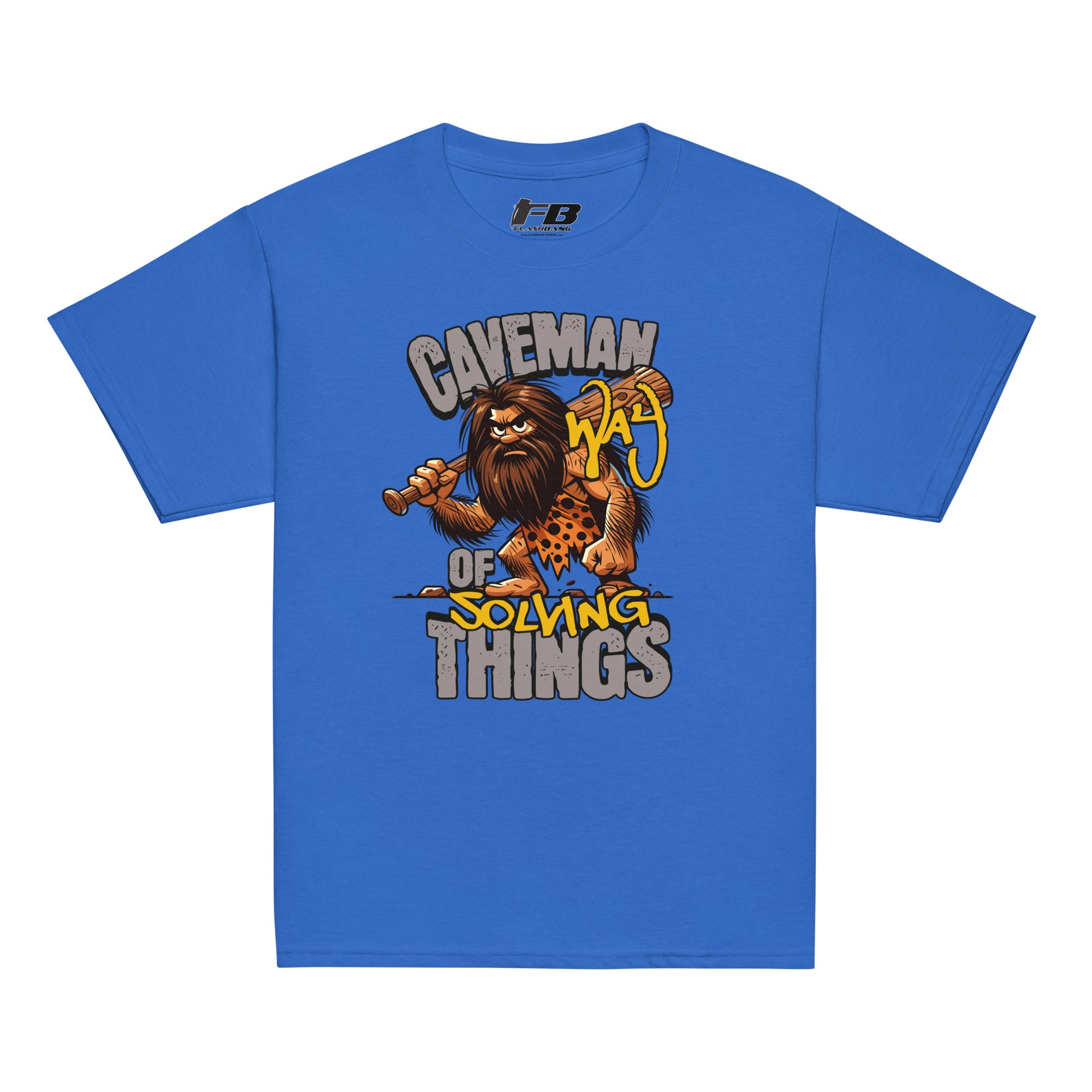 Blue t-shirt with a caveman graphic and text on a white background