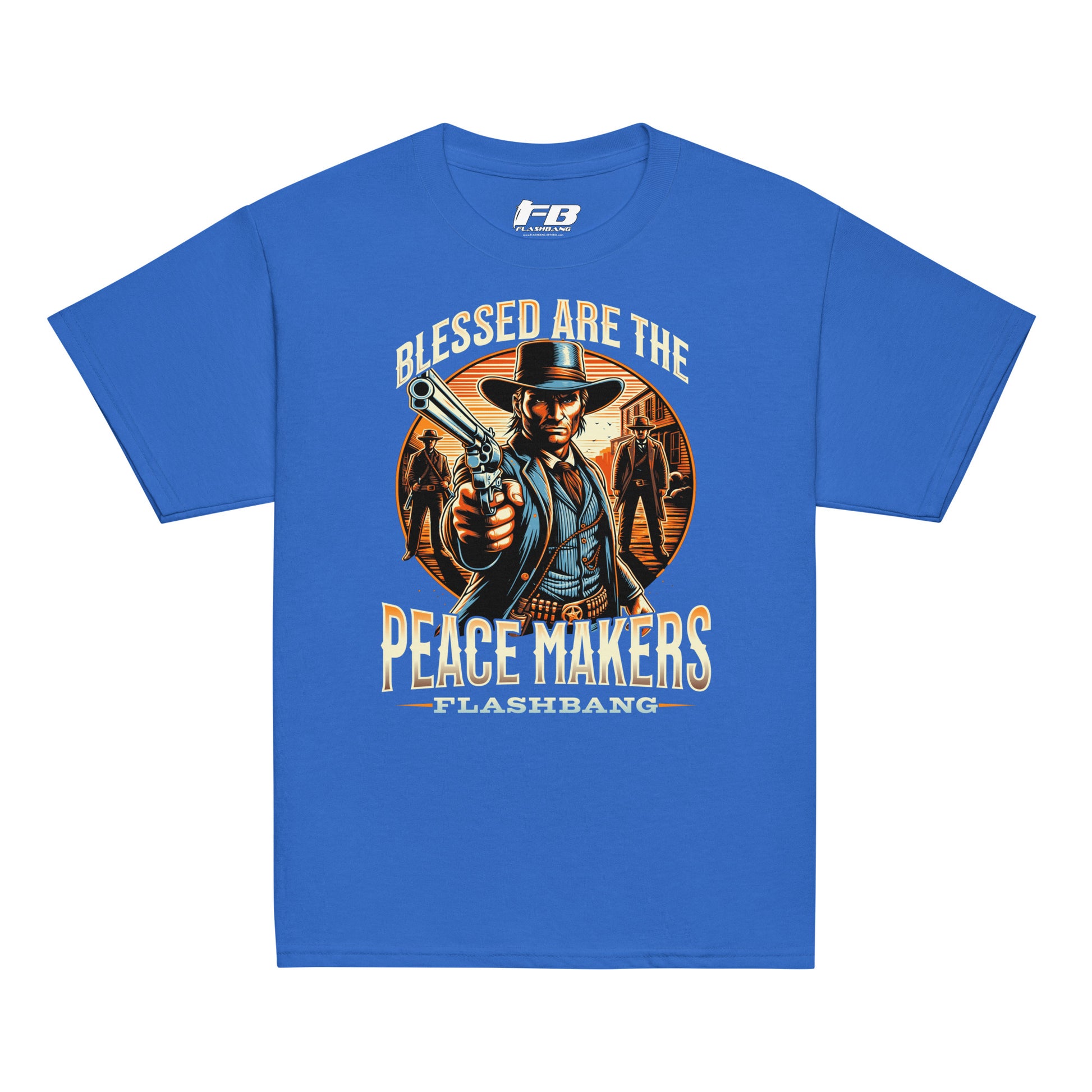 Blue t-shirt with a graphic of a cowboy holding a gun and text 'Blessed are the Peacemakers' on a white background.