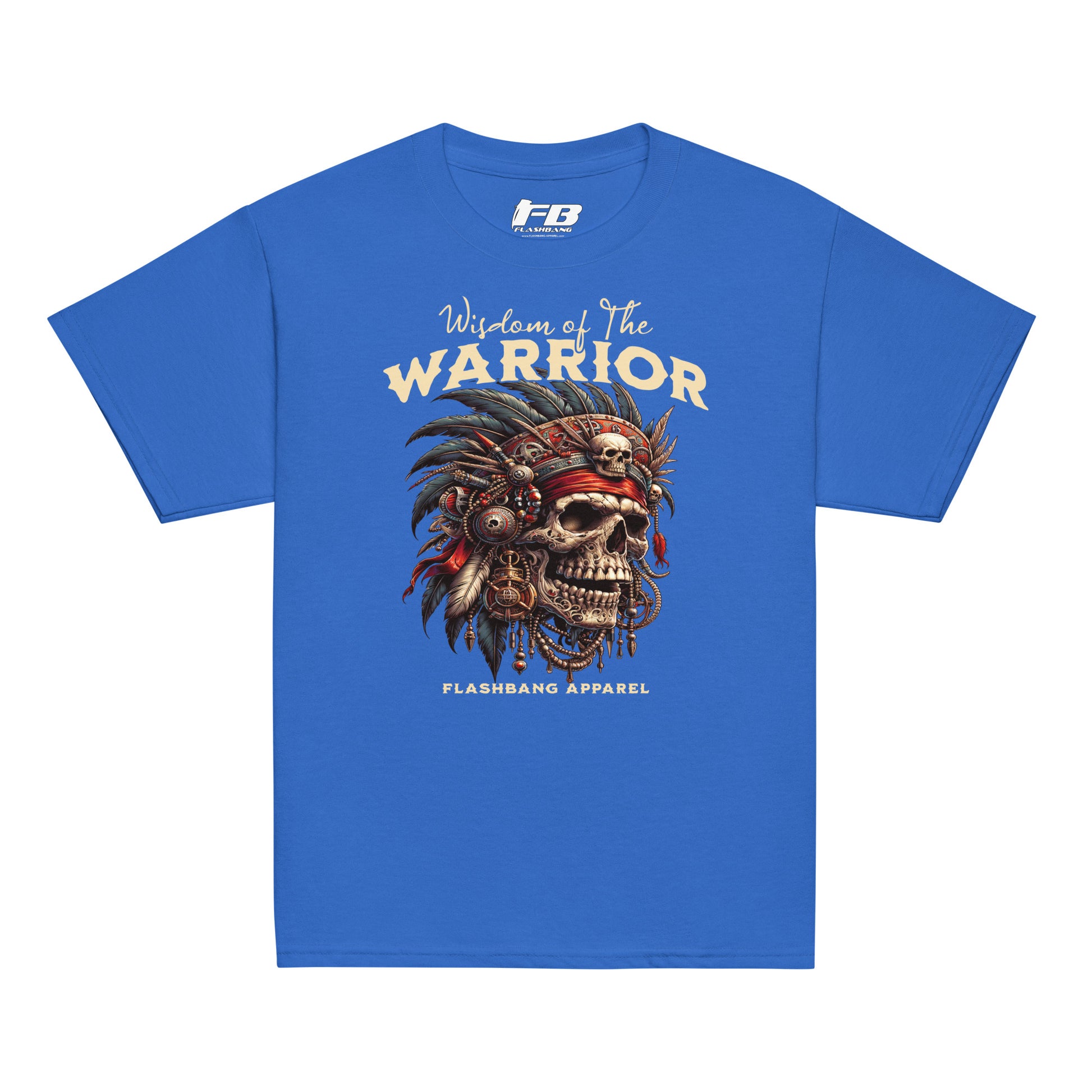Blue t-shirt with 'Warrior' graphic design on a white background
