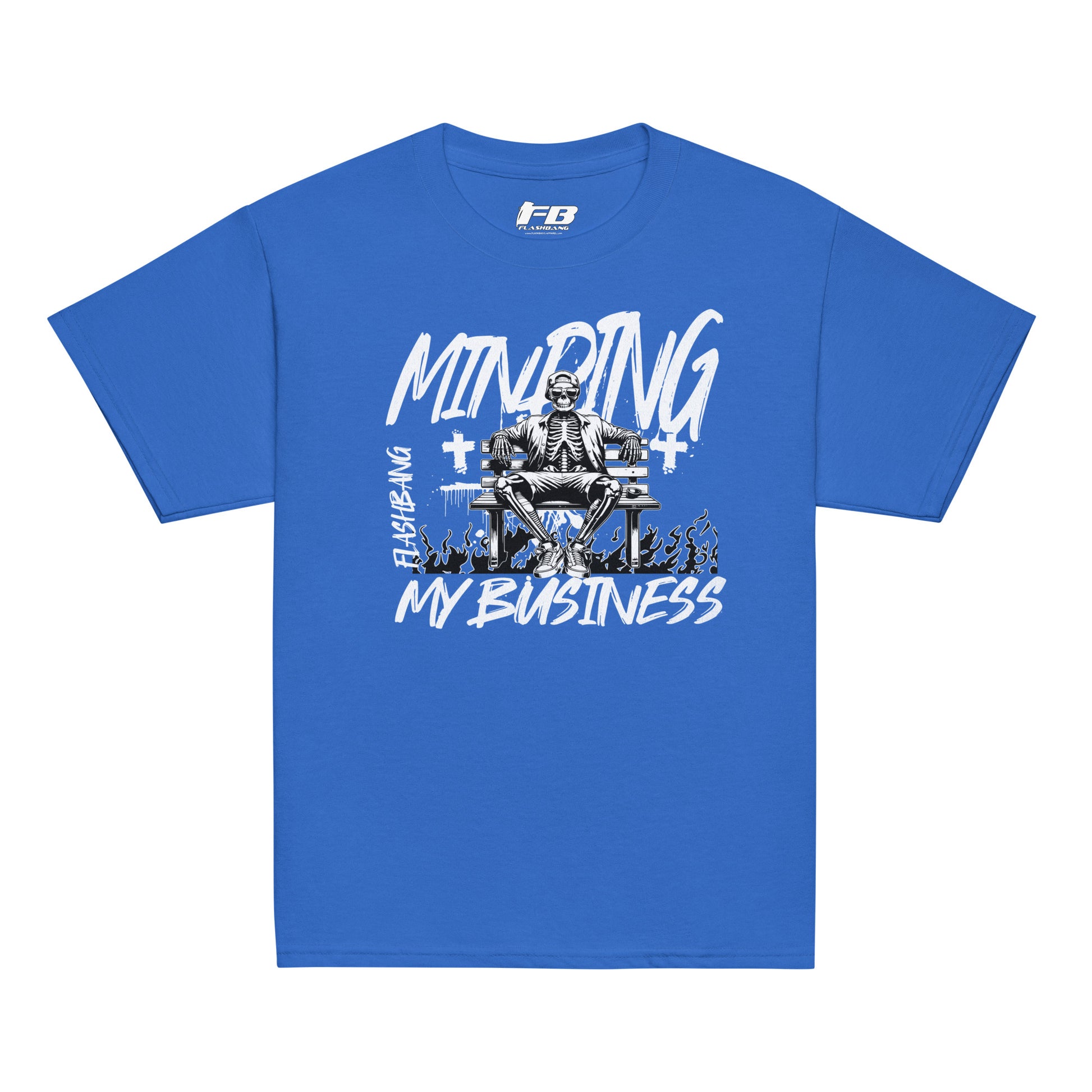 Blue t-shirt with a skeleton mining graphic and text on a white background
