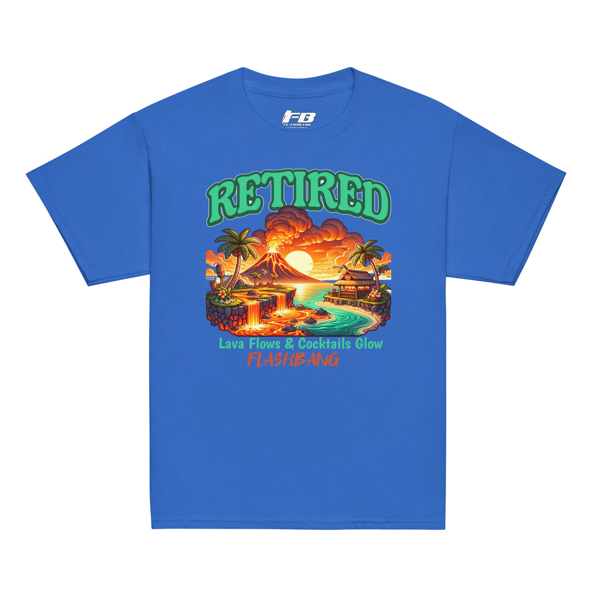 Blue t-shirt with a tropical design and 'Retired' text on a white background