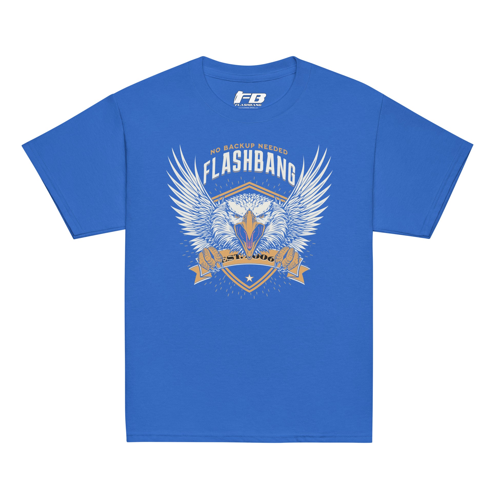 Blue t-shirt with graphic design and 'Flashbang' text on a white background
