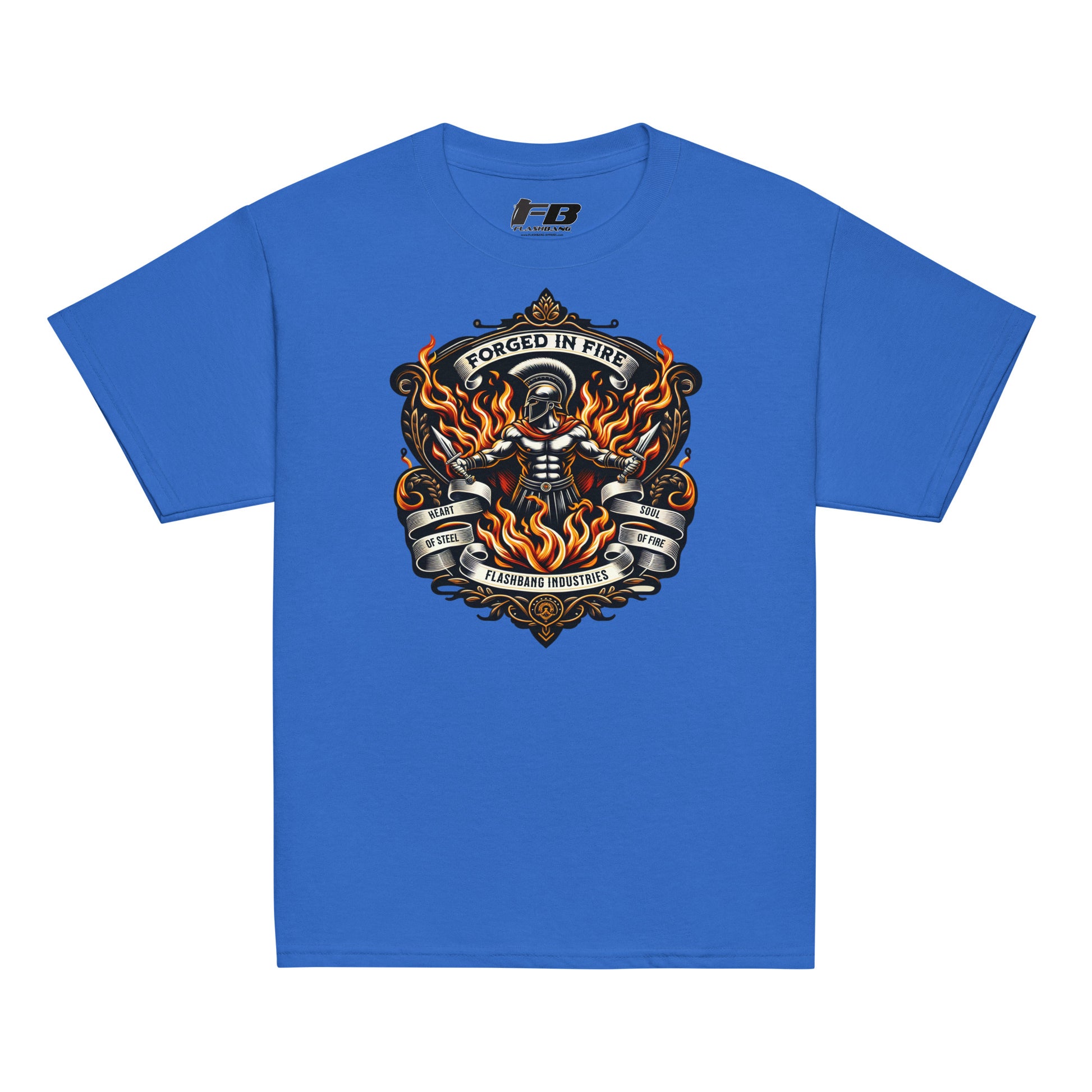 Blue t-shirt with a graphic design on a white background