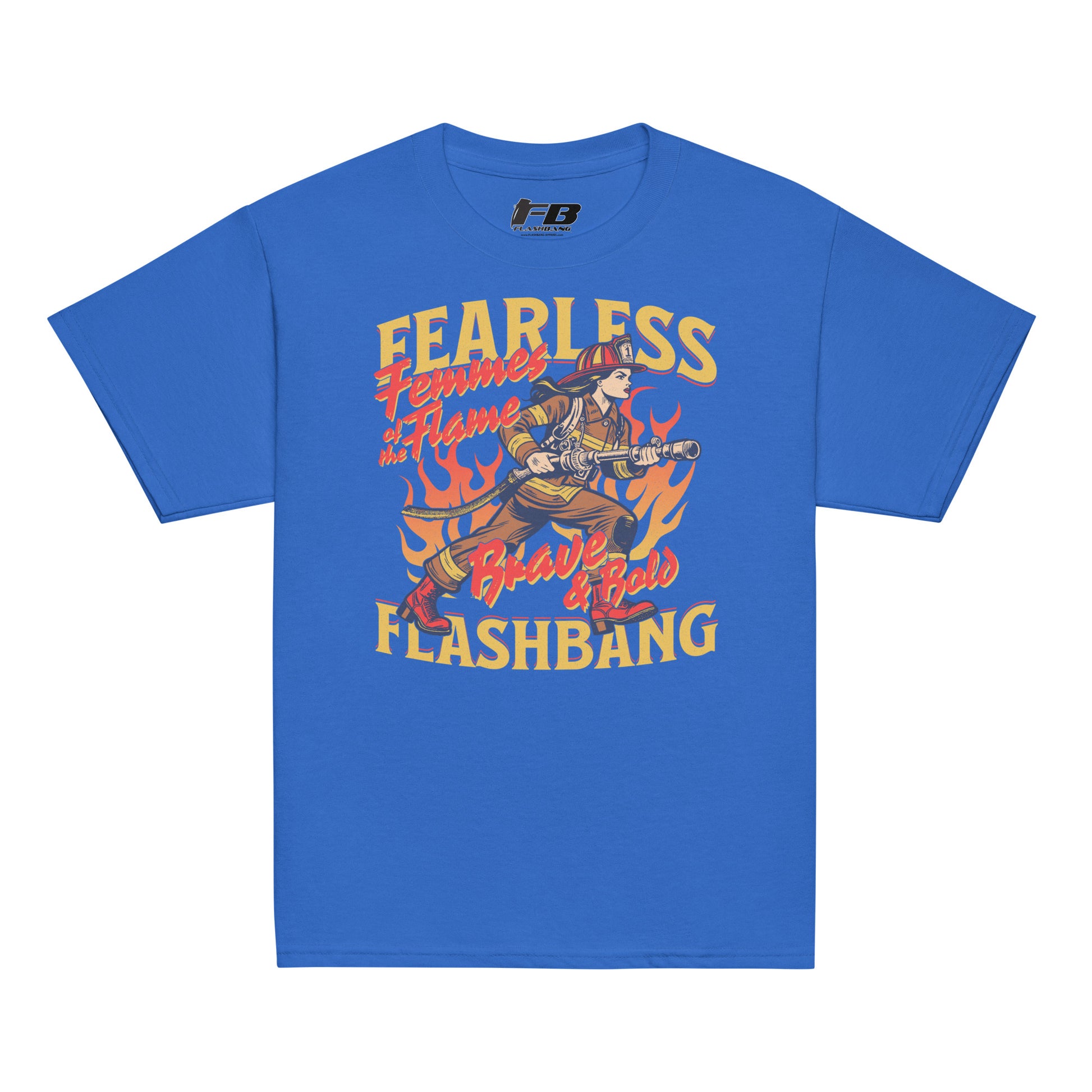 Blue t-shirt with graphic design and text on a white background