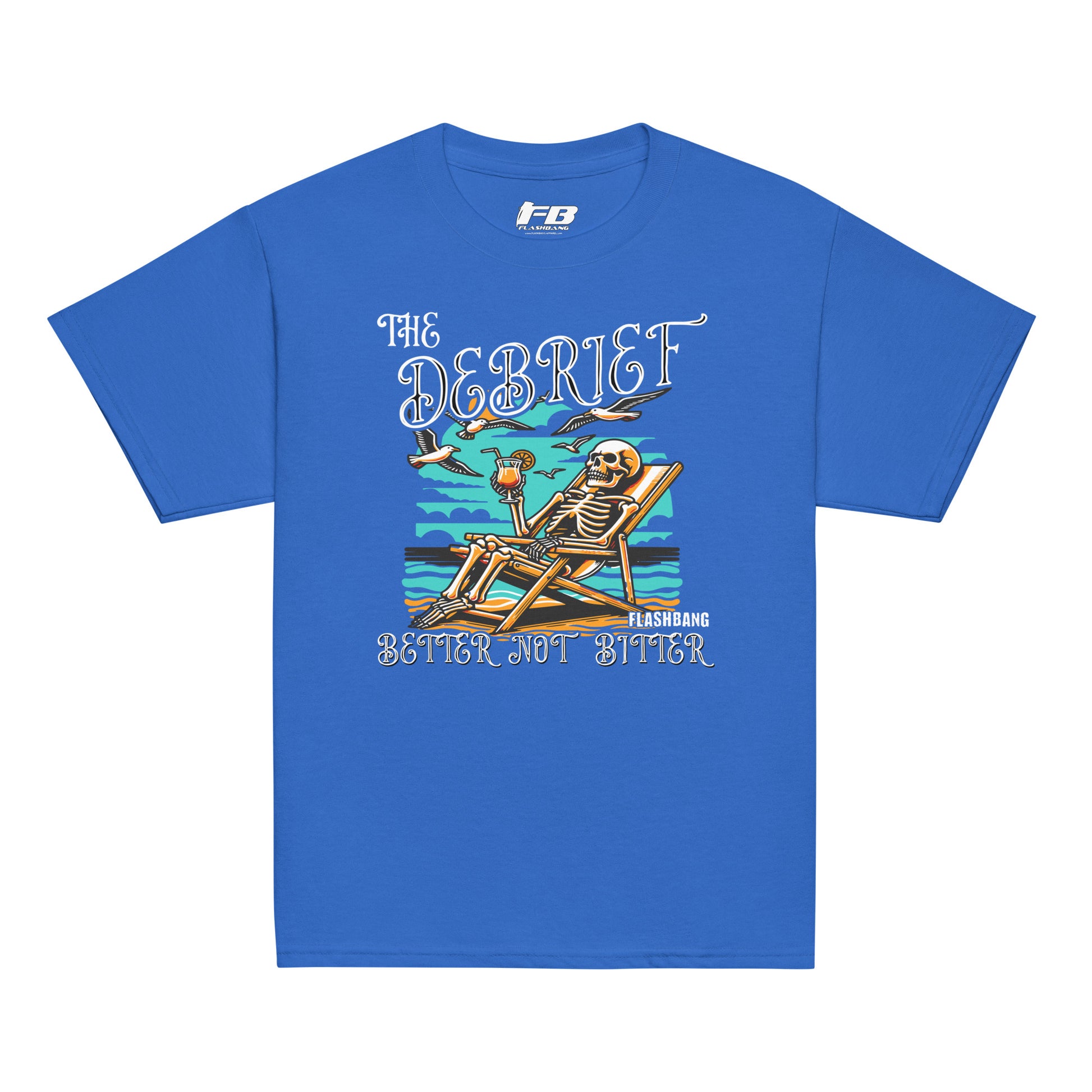 Blue t-shirt with a skeleton lounging on a beach chair graphic and text 'The Debrief' on a white background.