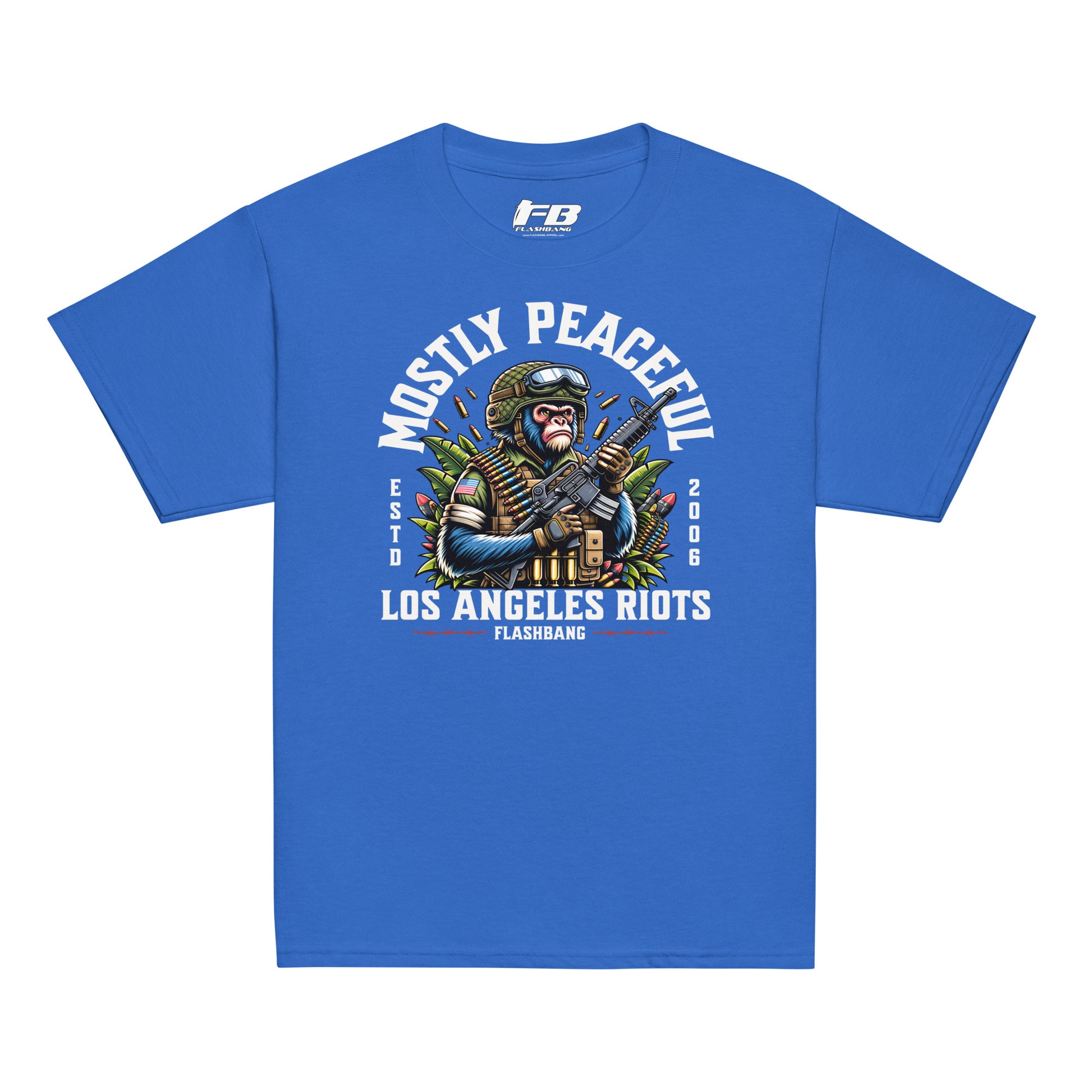 Blue t-shirt with graphic design and text on a white background