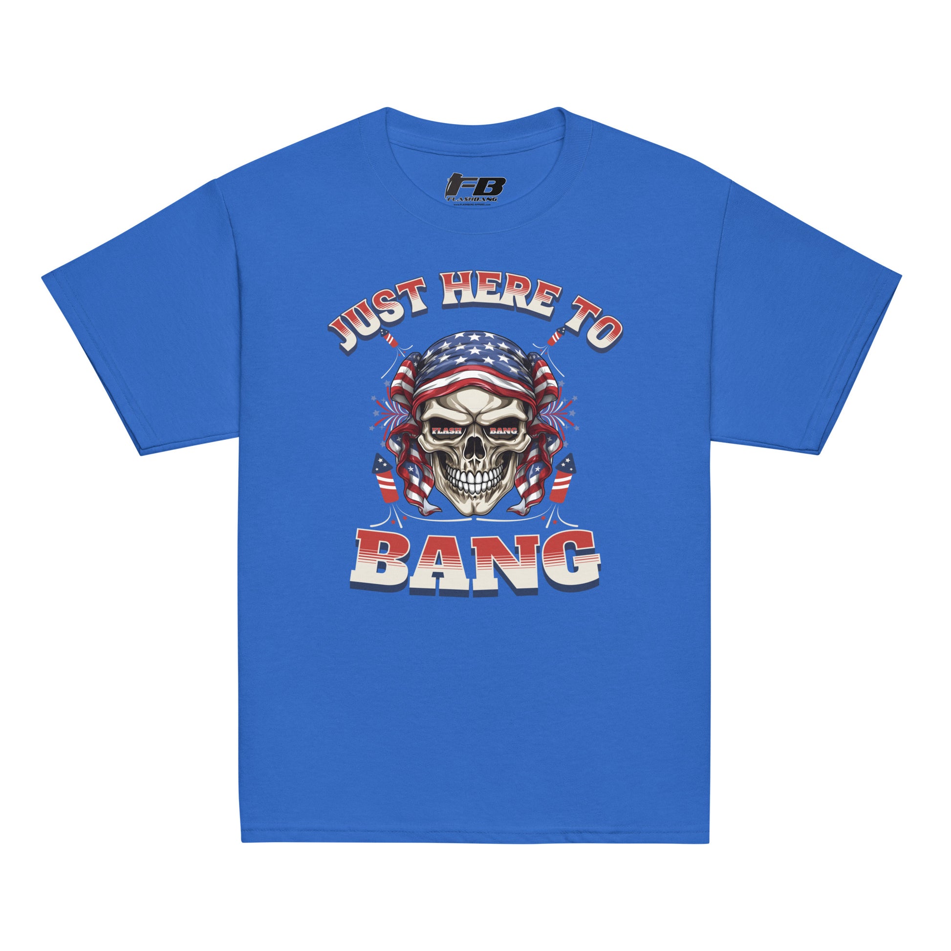 Blue t-shirt with a graphic design featuring a skull and text on a white background