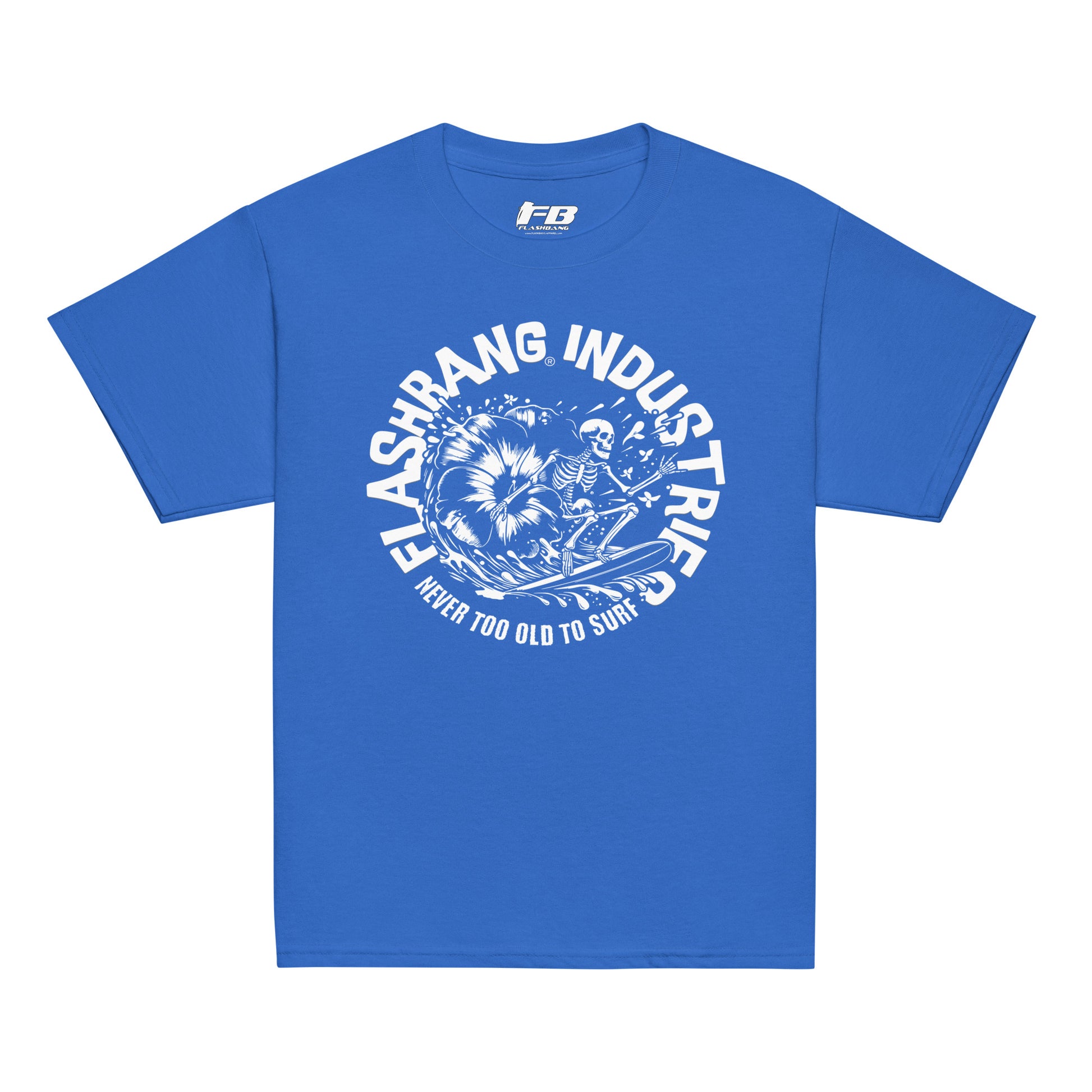 Blue t-shirt with white graphic and text on a white background