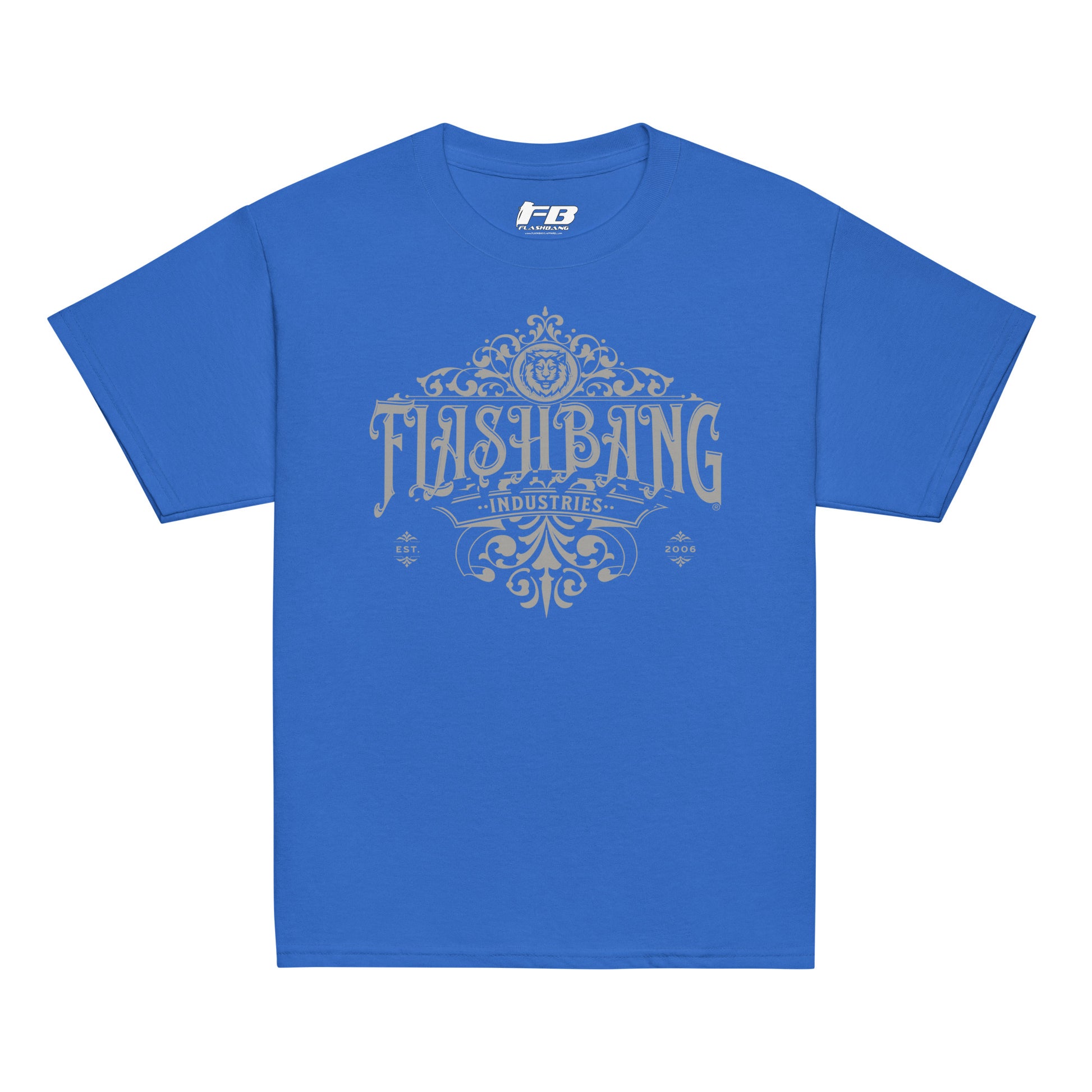 Blue t-shirt with 'Flashbang Industries' text and logo on a white background