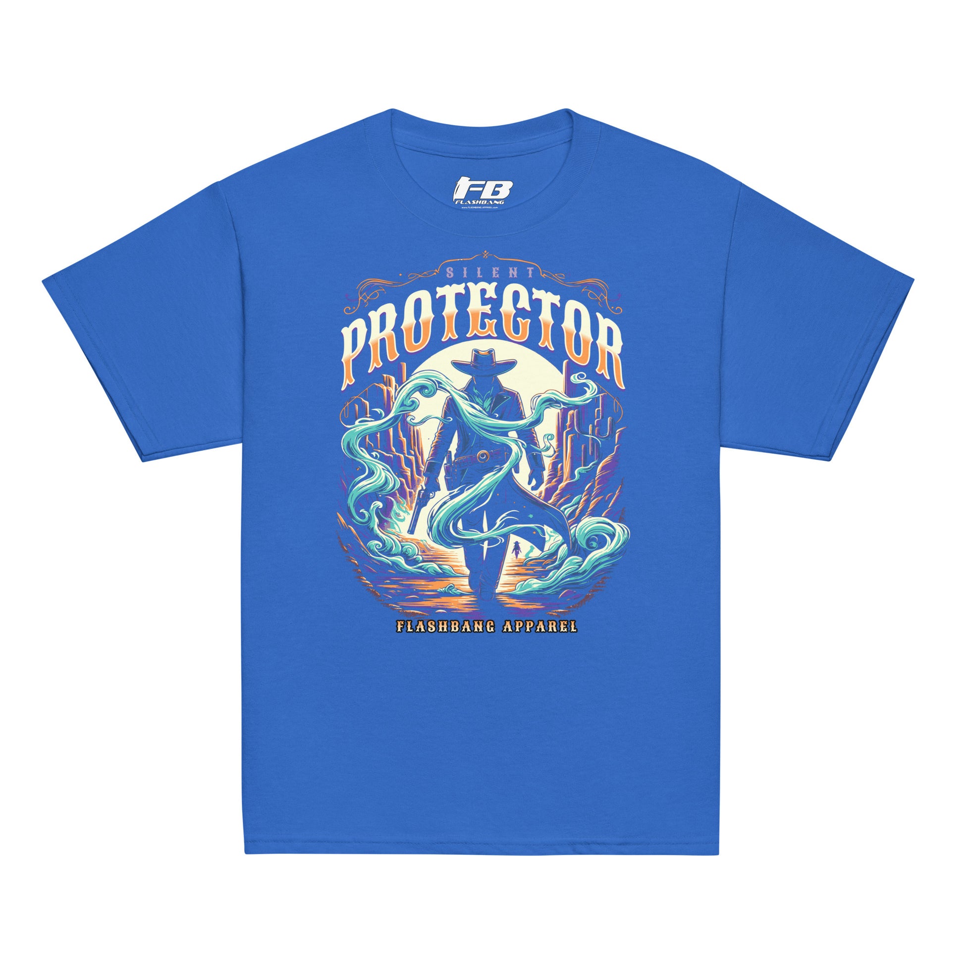 Blue t-shirt with a colorful graphic design on a white background