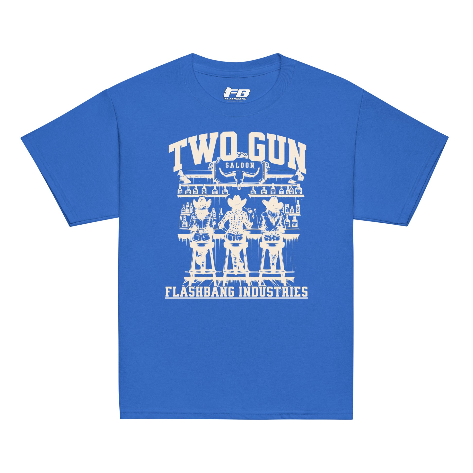 Blue t-shirt with white graphic design on a white background