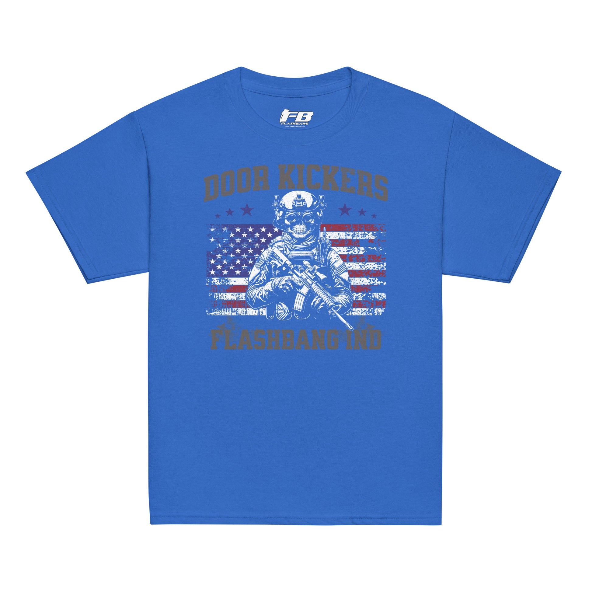Blue t-shirt with graphic design featuring a soldier and American flag on a white background