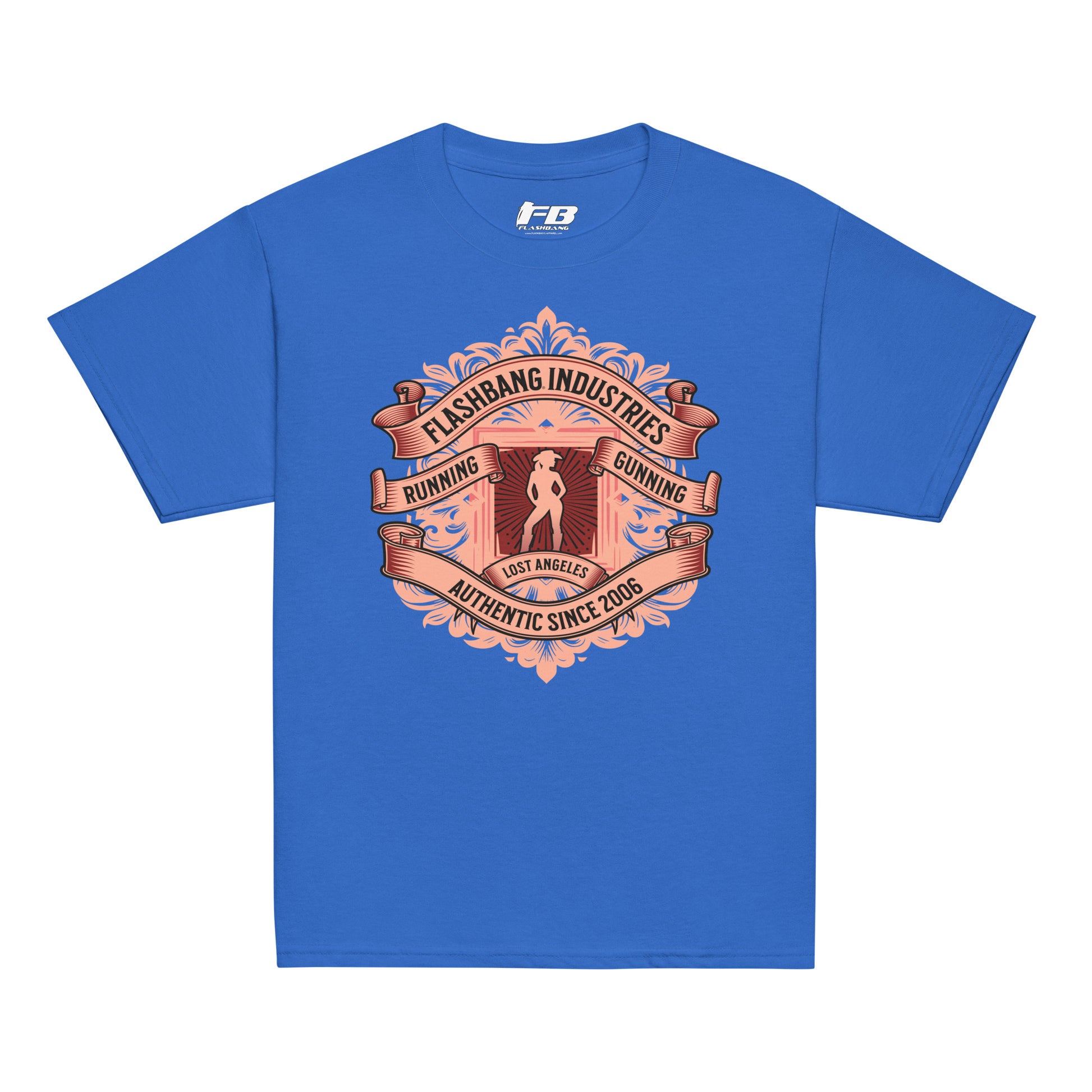 Blue t-shirt with a graphic design on a white background