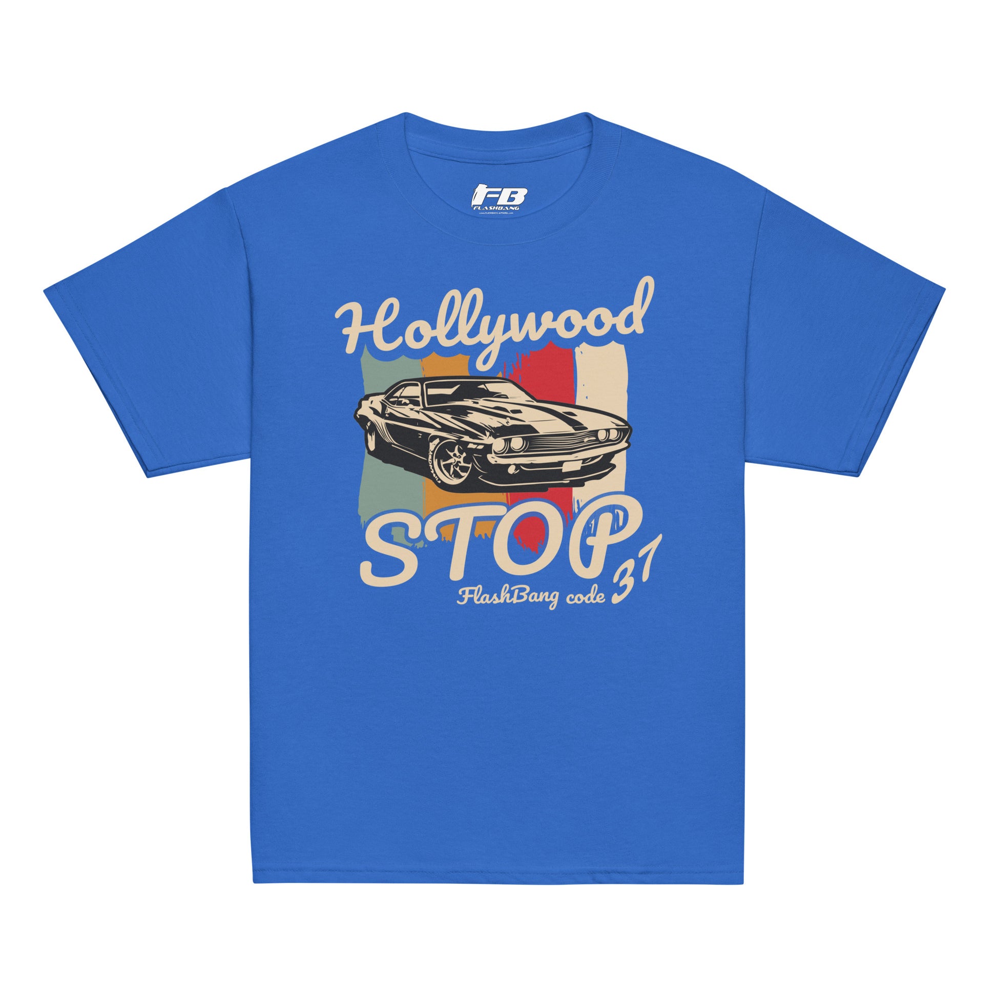Blue t-shirt with a graphic of a car and text on a white background