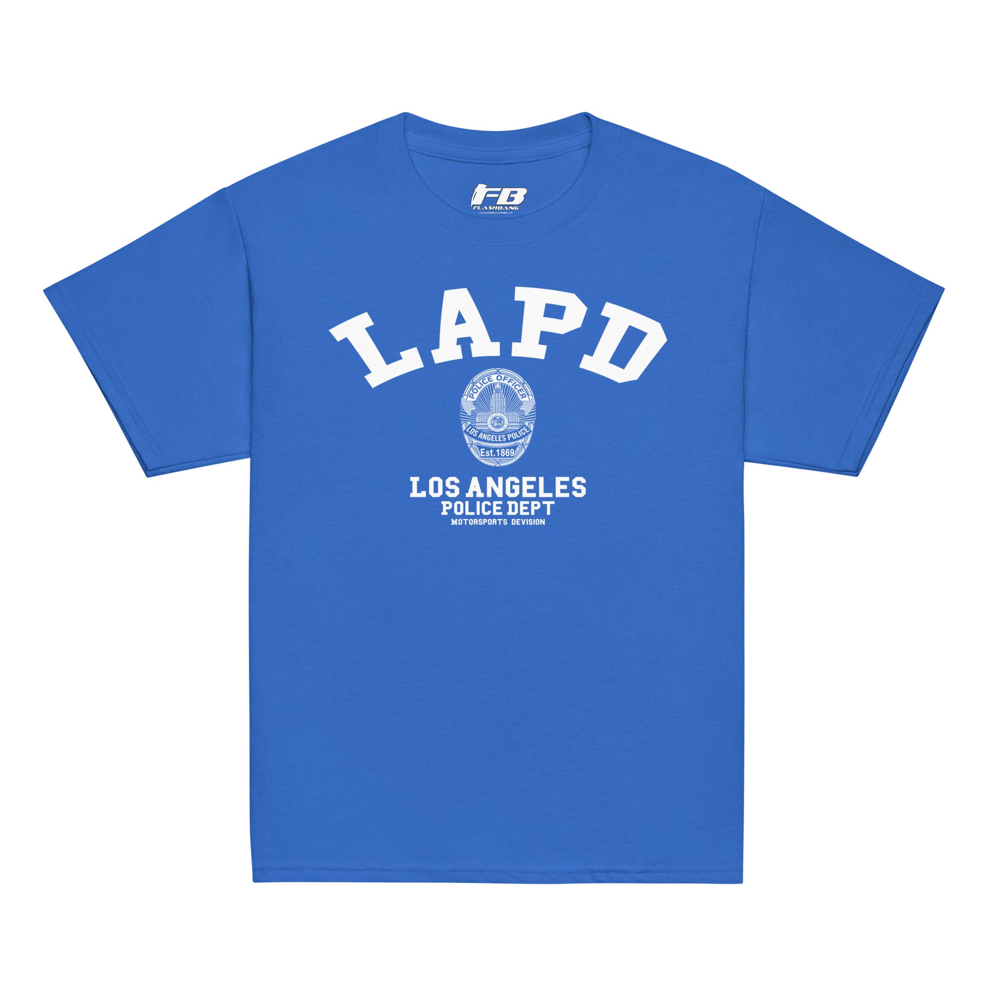 Blue t-shirt with LAPD Los Angeles Police Dept logo on a white background