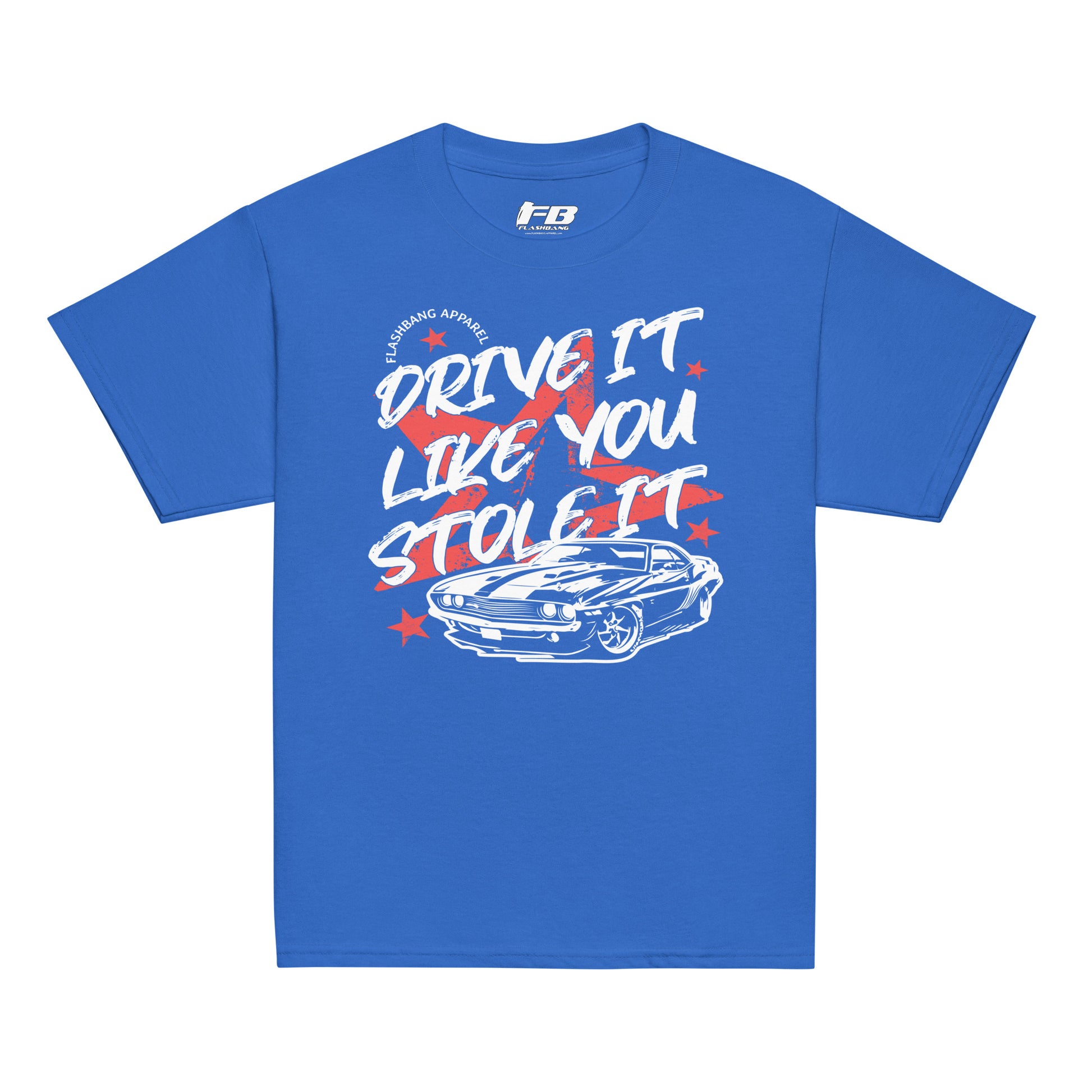 Blue t-shirt with graphic design and text on a white background