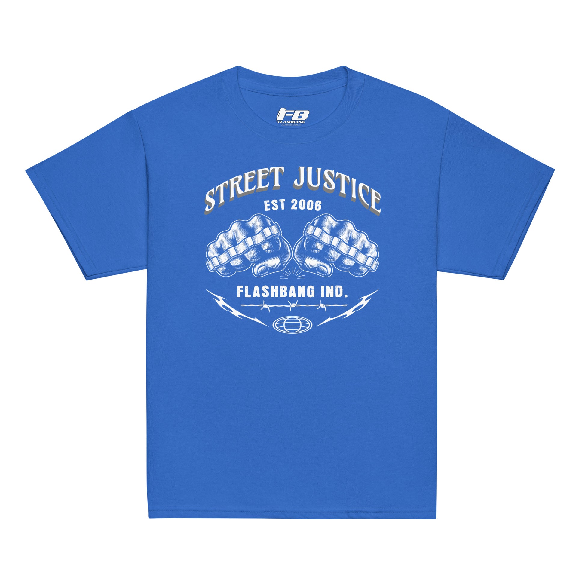 Blue t-shirt with white graphic and text on a white background