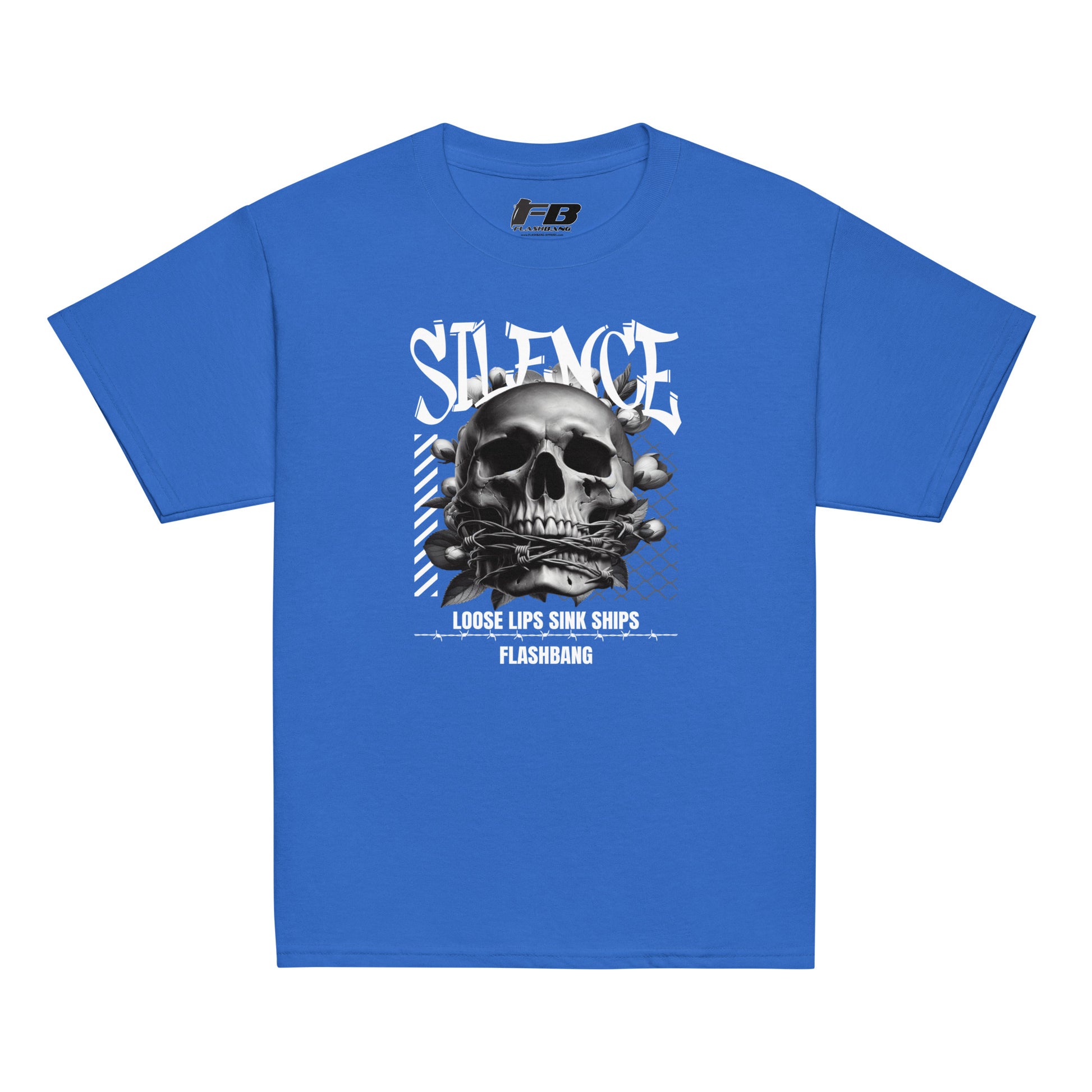 Blue t-shirt with a skull graphic and text on a white background
