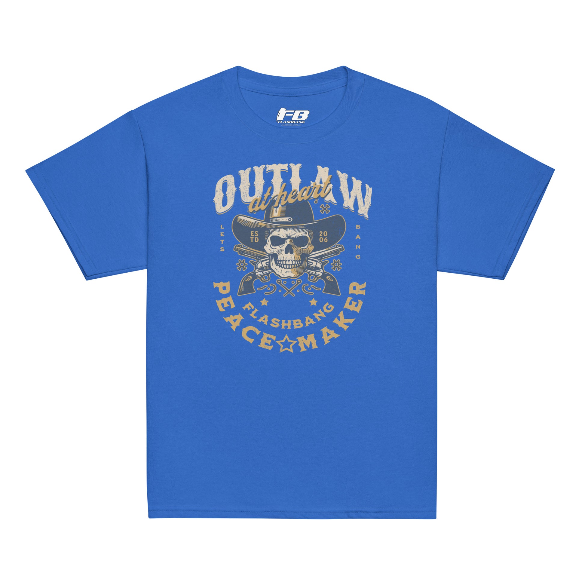 Blue t-shirt with graphic design and text on a white background